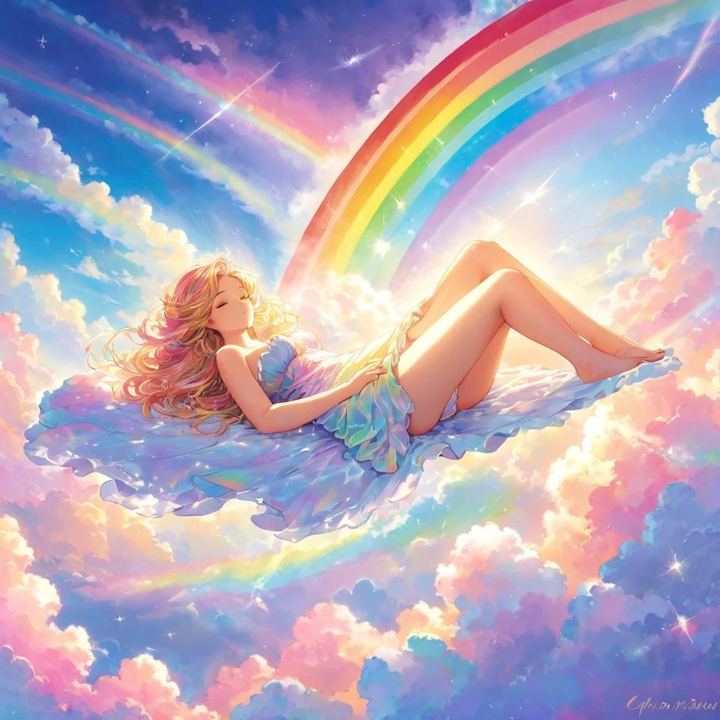 A stunningly ethereal woman, composed of a dazzling array of rainbow hues, reclines gracefully at the end of a radiant rainbow amidst the fluffy clouds in the sky. Bathed in dynamic and enchanting lighting, accentuates her vibrant, full-bodied form. Fantasy art. Masterpiece 