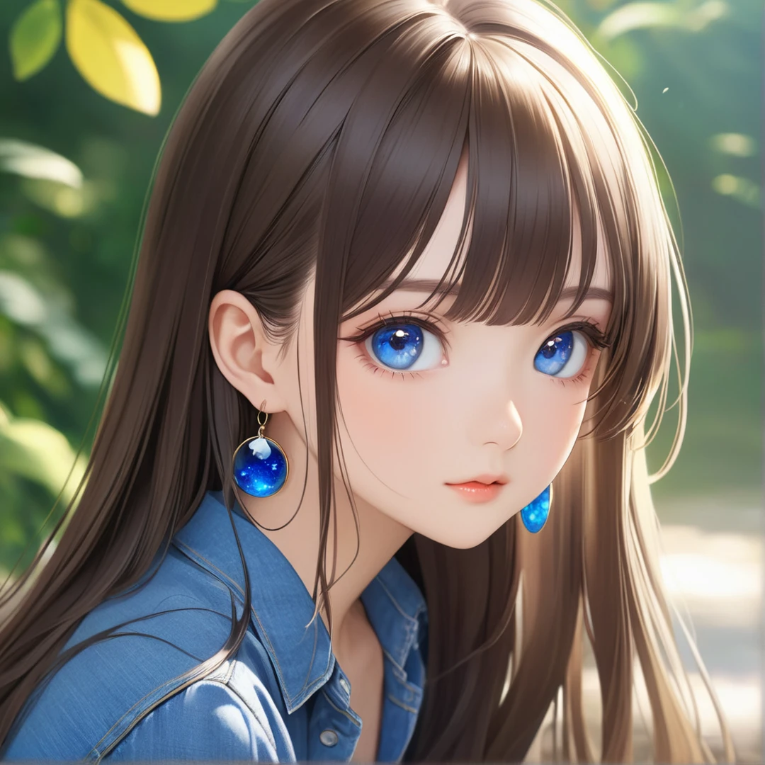 Unparalleled beauty, Shiny、Tightened、Glowing Skin, Bangs between the eyes, Shiny真っ直ぐな美しいプラチナブロンド, Super long straight silky hair, eyeliner, Sexy, beautiful and pure 14 year old, High resolution big beautiful bright blue eyes, beautiful and adorable girl, Baby Face, Short sleeve shirt, Brown long hair, denim shirt, big silver hoop earrings, anime girl bangs,