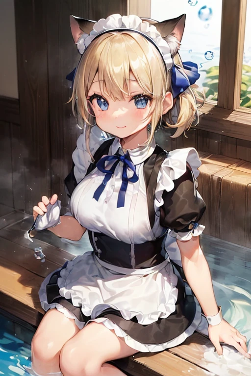 (Ultra high quality:1.6), (Highest quality:1.4), (Attention to detail:1.4), (Ultra-high resolution:1.6), (Detailed face:1.4), (Perfect Face:1,4), (Beautiful Eyes:1,6), (Detailed eyes:1.6), (Maid clothes, White apron, Headband, Black Dress, Blue ribbon, Maid clothes, Classic, Long:1.4), (白と黒のMaid clothes:1.6), (Blonde, Blue Eyes, Cat ear:1.4), cute, The best smile, Soaking wet, (Water droplets all over the body, 全身White foamまみれ:1.4), (Swimming in clothes, bathing, Bathroom, Wooden bathtub:1.4), (relax, Sit back and relax:1.6), (Bubble bath:1.4, White foam:1.4), (Maid clothesのまま浴槽に浸かる, Submersion:1.6), (つま先から胸までSubmersion:1.6), 衣服にもWhite foam, 胸までSubmersion, bubble, 溢れるWhite foam, 