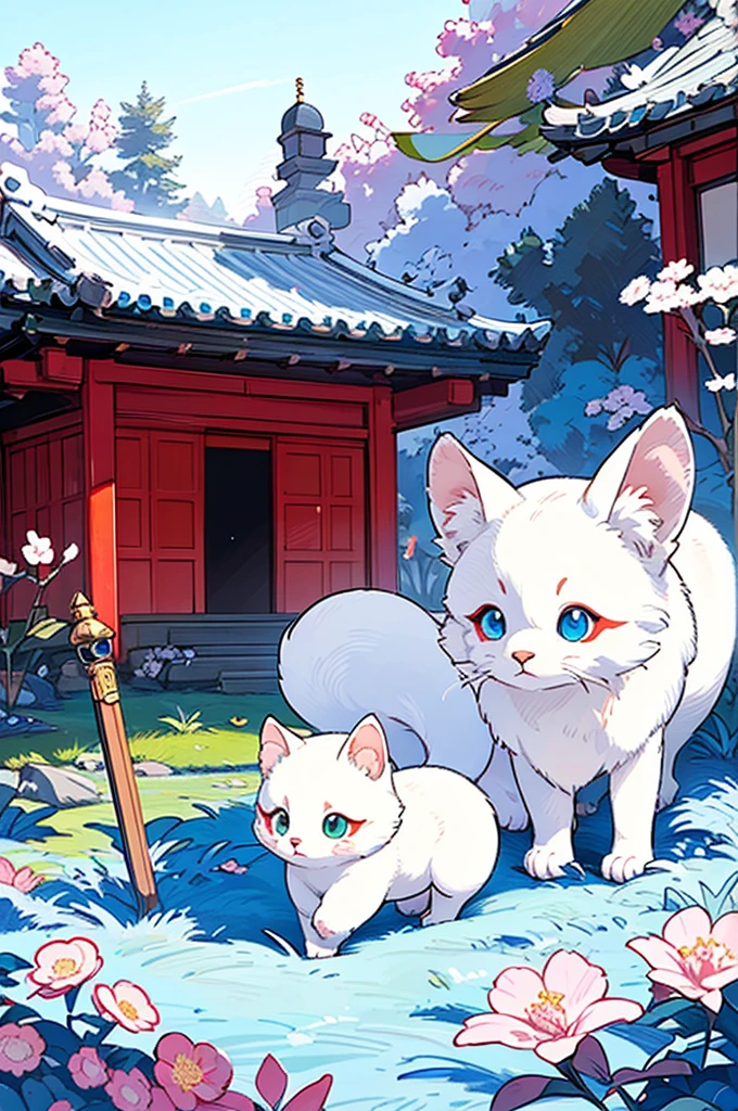 there is a jimseung picture of a white kitsune with blue eyes and other animals in a field, maplestory mouse, cute detailed digital art, detailed fanart, very very beautiful furry art, anime visual of a cute cat, official fanart, shirabii, spring day, fursona art, fluffy!!!, colorful kitsune city, seasons!! : 🌸 ☀ 🍂 ❄, onmyoji