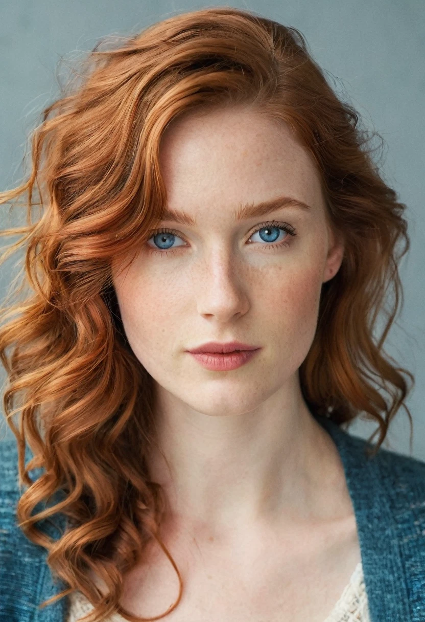 score_9,score_8_up,score_7_up,
Portrait style image featuring a young woman with striking facial features. She has fair skin, bright blue eyes, and long, wavy red hair that frames her face. Her expression is neutral, with slightly parted lips and a direct gaze into the camera. She is wearing a light-colored top with a lace detail visible at the neckline, and a gray cardigan. The background is blurred, focusing attention on her face and upper body. The lighting is soft, highlighting her natural features and hair color.