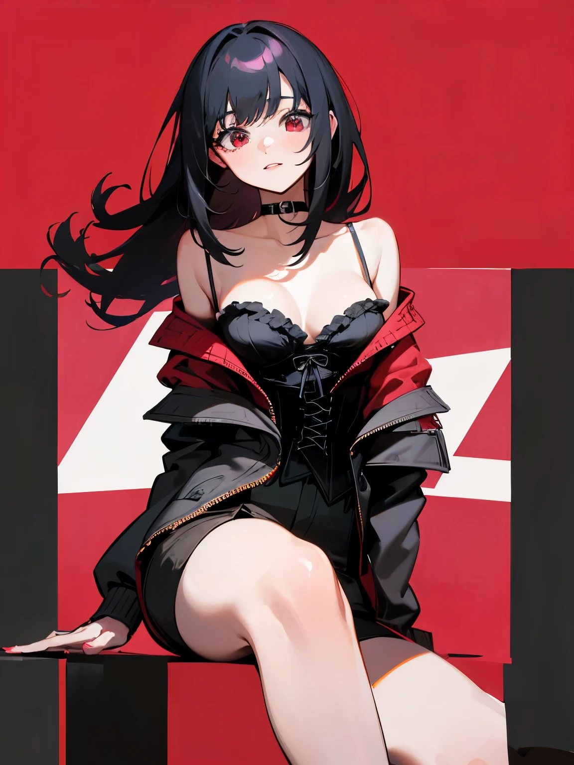 (masterpiece, best quality, absurdres, very detailed eyes), 1girl, solo, solofocus, black hair, long hair, red eyes, bangs, closeup, teenager, cyberpunk, 20 year old? ? 1girl 6745052? black choker 122343? black corset 4496? black hair 1648614? black jacket 191908? black shorts 95708?  4307355? choker 387983? cleavage 1147135? collarbone 792456? corset 44941? drawstring 21208? fingernails 168582? grey socks 4338? hair over shoulder 45363? head tilt 135196? jacket 816610? light smile 62025? long hair 4490941? long sleeves 1273013? looking at viewer 3391798? looking up 72860?  871712?  1506? nail polish 314452? off-shoulder shirt 19513? off shoulder 215117? on ground 14780? open clothes 466042? open jacket 196910? parted lips 483718? partially unbuttoned 11954?6? pink nails 46199? red shirt 62640? ringed eyes 16765? shirt 1637860? shorts 433030? simple background 1835861? sitting 988347? socks 394706? solo 5236048? spaghetti strap 18136? thigh gap 81814