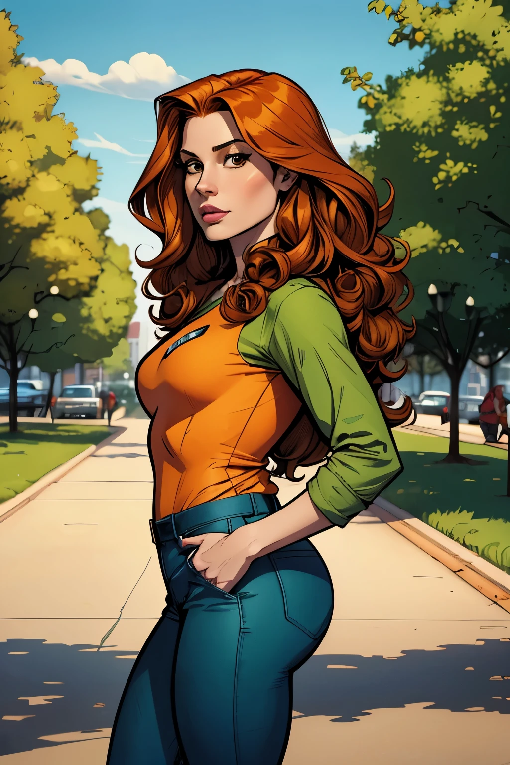 comic panel, women with orange curly long hair, brown eyes, in the new york park, she wear green shirt and blue pants, she has a piercing her under lip, pale, 25 years old, marvel comic, portrait