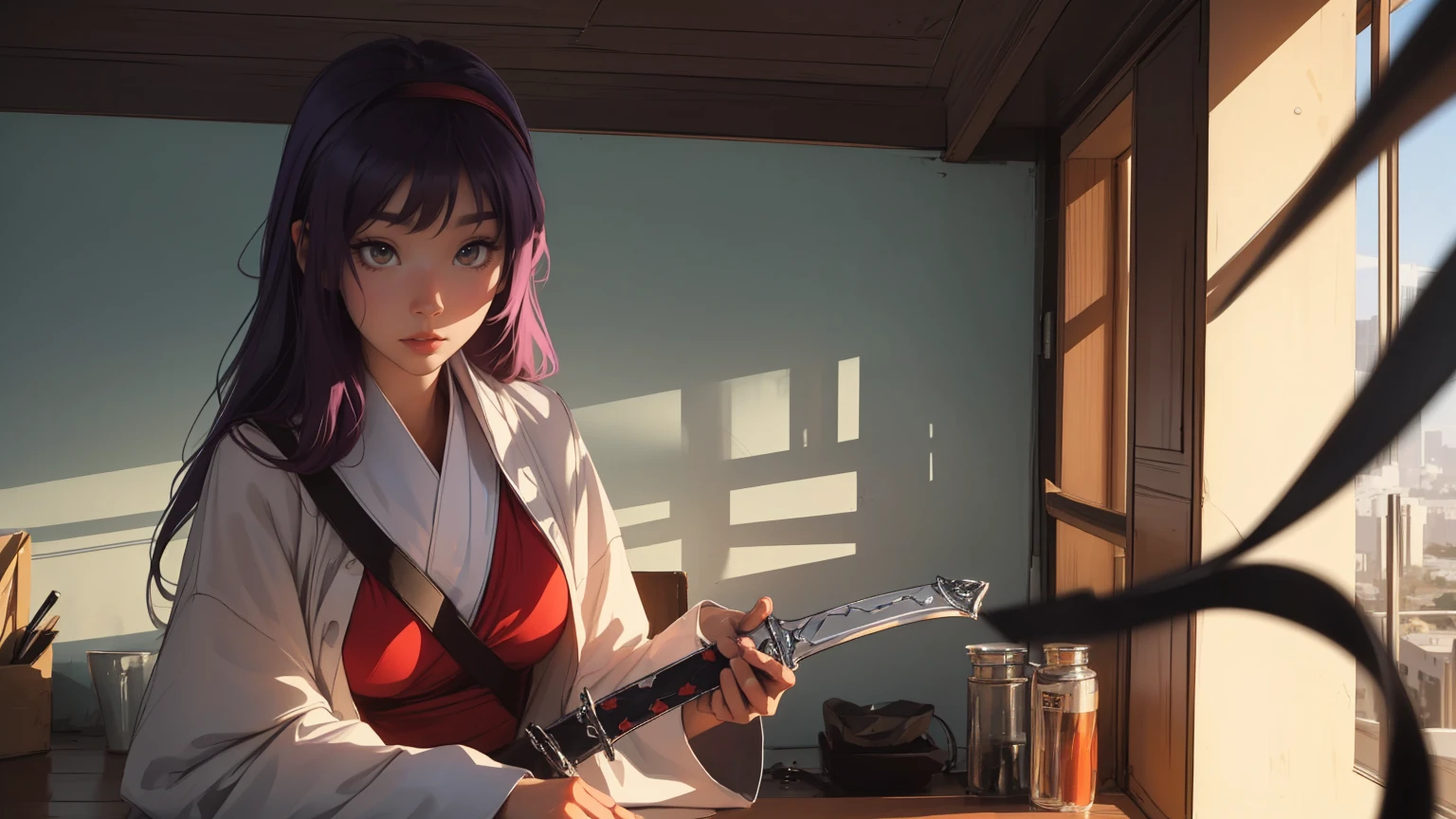 Ultimate Sword (Zekken), masterpiece, Best quality, 1 girl,photo, Studio photography, realistic:1.2, Littlemasterpiece, yuuki konno from anime SAO, hairband, long hair, pointy ears, purple hair, (red eyes:1.5), Best quality, very detailed, high riding_Yuki, smile, (recognized, tempting, breathtaking, breathtaking, fabulous, startling:1.3), (very detailed, high quality:1.3) Тиндаллаmasuter piece、top quality、Highest standards、Highest image quality、Table、complex parts、a high resolution、depth of field、natural soft light、professional lighting, [[gentle fingers and hands:0.55]::0.85],(detailed fingers),),(emotional),(breathtaking),(main part:1.2) whole body.), (Anime Style), (Super Detailed), (brutal), (uhd, HDR), (8k), (High Resolution: 1.2), (Complex and Beautiful: 1.2)