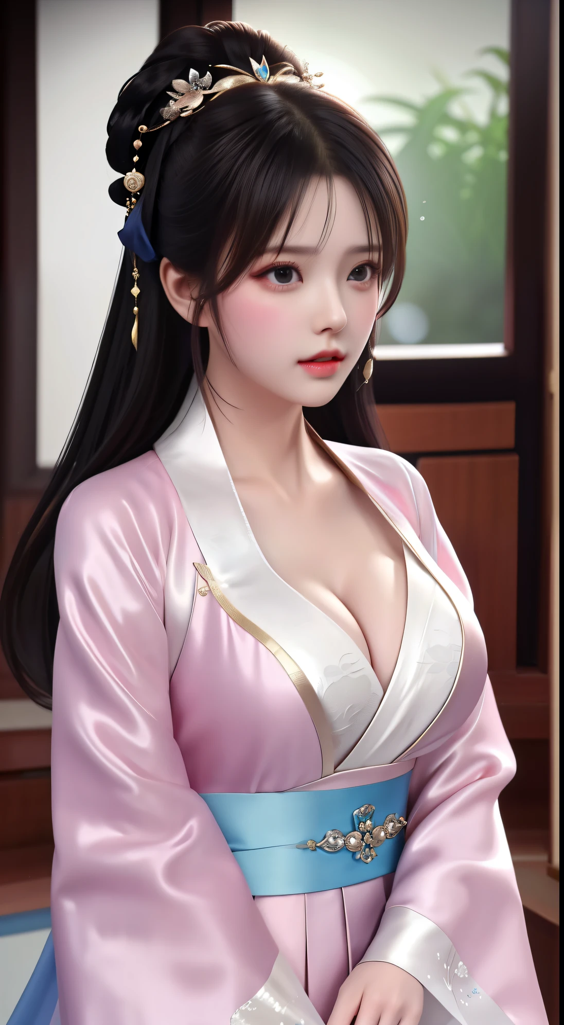 best quality, masterpiece, highres, 1girl,china dress,hair ornament,necklace, jewelry,Beautiful face,upon_body, tyndall effect,photorealistic, dark studio, rim lighting, two tone lighting,(high detailed skin:1.2), 8k uhd, dslr, soft lighting, high quality, volumetric lighting, candid, Photograph, high resolution, 4k, 8k, Bokeh, Wet-breasted Hanfu open V-chested clothes, All pictures, Wet body of thin silk fabric, Thin silk lace petticoat,princess 10 yeald old cute, (huge ，cleavage),petticoat, white pink, blue ，best qualtiy，tmasterpiece，Ultra-high resolution，（Reality：1.4），RAW photogr，（True skin texture：1.3），（filmgrain：1.3），（Selfie angle），1个Giant Breast Girl，Beautiful eye and face details，tmasterpiece，Best quality at best，exposing thighs，Bigchest，The chest is more exposed, pattern on fabric
