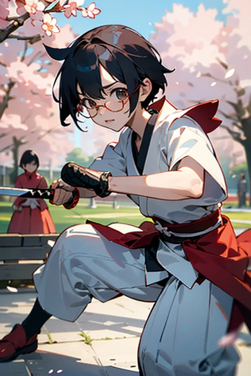 ((best quality)), ((Masterpiece)), (details),A cute  wearing eyeglasses, short hair, and wearing a revealing yukata. Grab a samurai sword and take a fighting stance. In the middle of the cherry blossom grove and enemies all around 8K 
