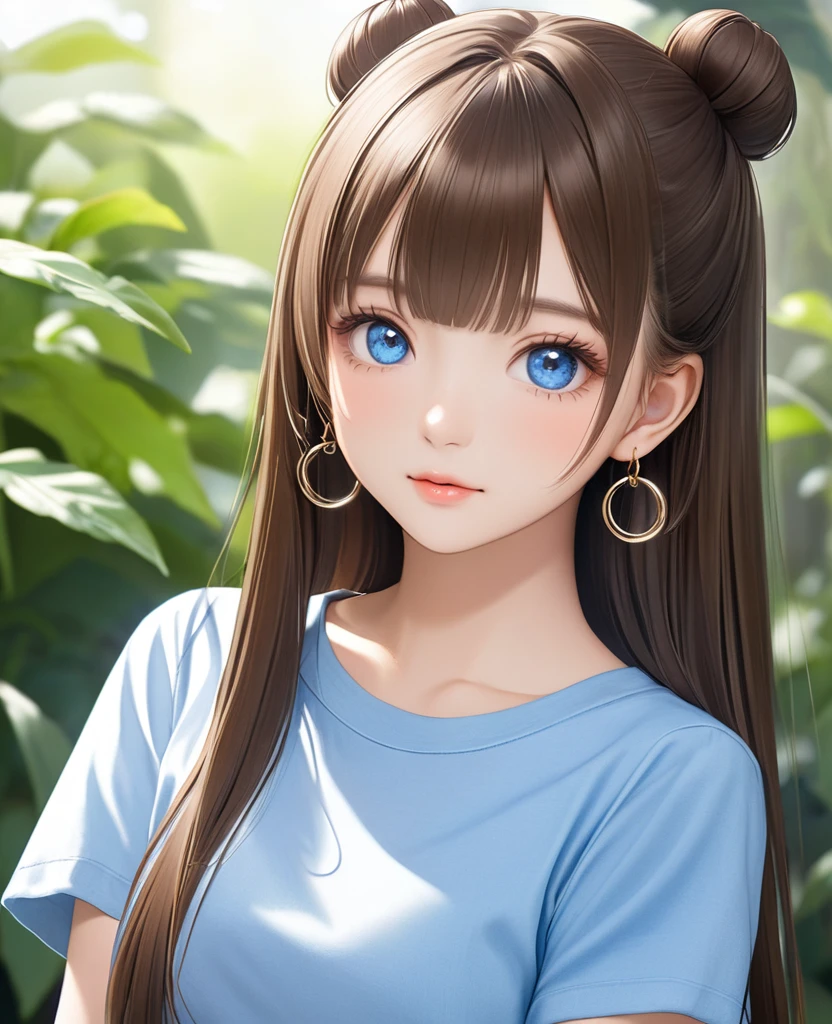 Unparalleled beauty, Shiny、Tightened、Glowing Skin, Bangs between the eyes, Shiny真っ直ぐな美しいプラチナブロンド, Super long straight silky hair, eyeliner, Sexy, beautiful and pure 14 year old, High resolution big beautiful bright blue eyes, beautiful and adorable girl, Baby Face, Short sleeve shirt made from denim, big silver hoop earrings, straight flat brown bangs pretty, long brown straight hair with a small bun in the back.