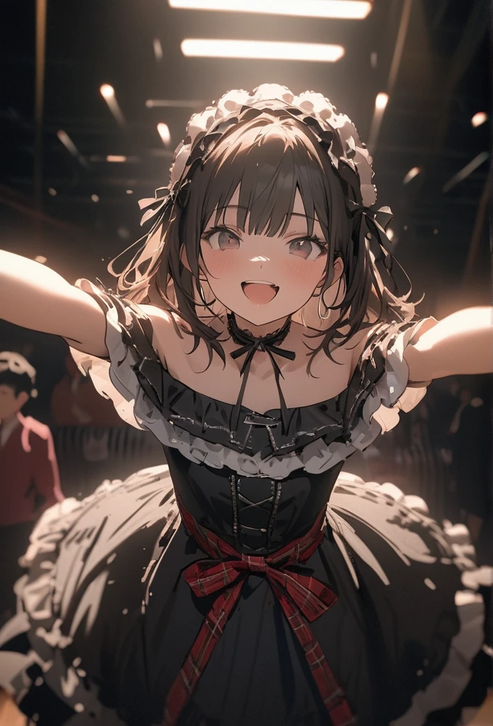 ((masterpiece)), ((Highest quality)), ((cute)), ((Very detailed)), (sketch:0.3), (RAW Photos:1.2), (8k), (High resolution:1.3), (Professional photography:1.2), Cinema Lighting, (so beautiful:1.2), (absurdes:1.2), (Sharp focus), (Perfect light), ((19 years old)), cute teenage girl, Plaid Dresses, (Off-the-shoulder dress), Hoop Dresses, Strapless, (Lolita Fashion), (Healthy Skin), (Reaching arms), exposed shoulders and arms, Lolita Style, ((Look at other people)), Mischievous Smile, Open your mouth, cute, Portrait of a Lolita girl, Red plaid, Ribbon Belt, coffee