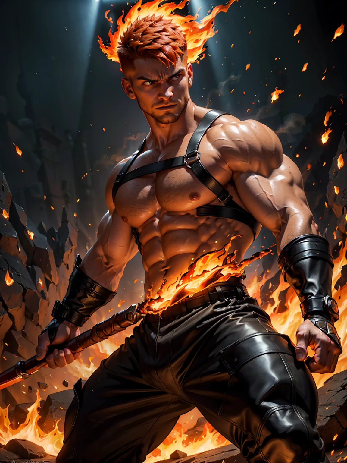 A strong, muscular man with short, fiery orange undercut hair and freckles, dressed in red and black clothing. He is strikingly handsome with a perfectly sculpted body. In battle, he wields fire magic, with flames engulfing the entire scene, creating a dramatic and intense atmosphere. He commands the fire with powerful, sweeping gestures, his eyes glowing with a fierce, fiery intensity that showcases his mastery of the element. The background is ablaze with vibrant flames, enhancing the sense of power and heat. The image is rendered in a photorealistic, hyper-realistic 8k style, with studio lighting. His combat pose is dynamic and aggressive, making the image powerful and cinematic, with intense colors, vibrant HDR, and dramatic chiaroscuro lighting that highlights the fiery energy and motion.