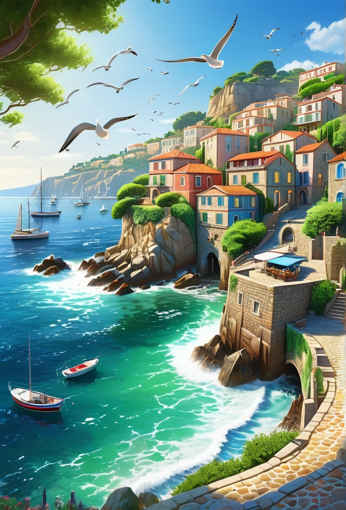 a beautiful seaside town, coastal landscape, sunlit beach, rocky cliffs, waves crashing on shore, sailboats in the distance, seagulls flying overhead, lush green foliage, cobblestone streets, colorful fishing boats, intricate architecture, warm Mediterranean atmosphere, glimmering azure ocean, dynamic lighting, photorealistic, cinematic, concept art style