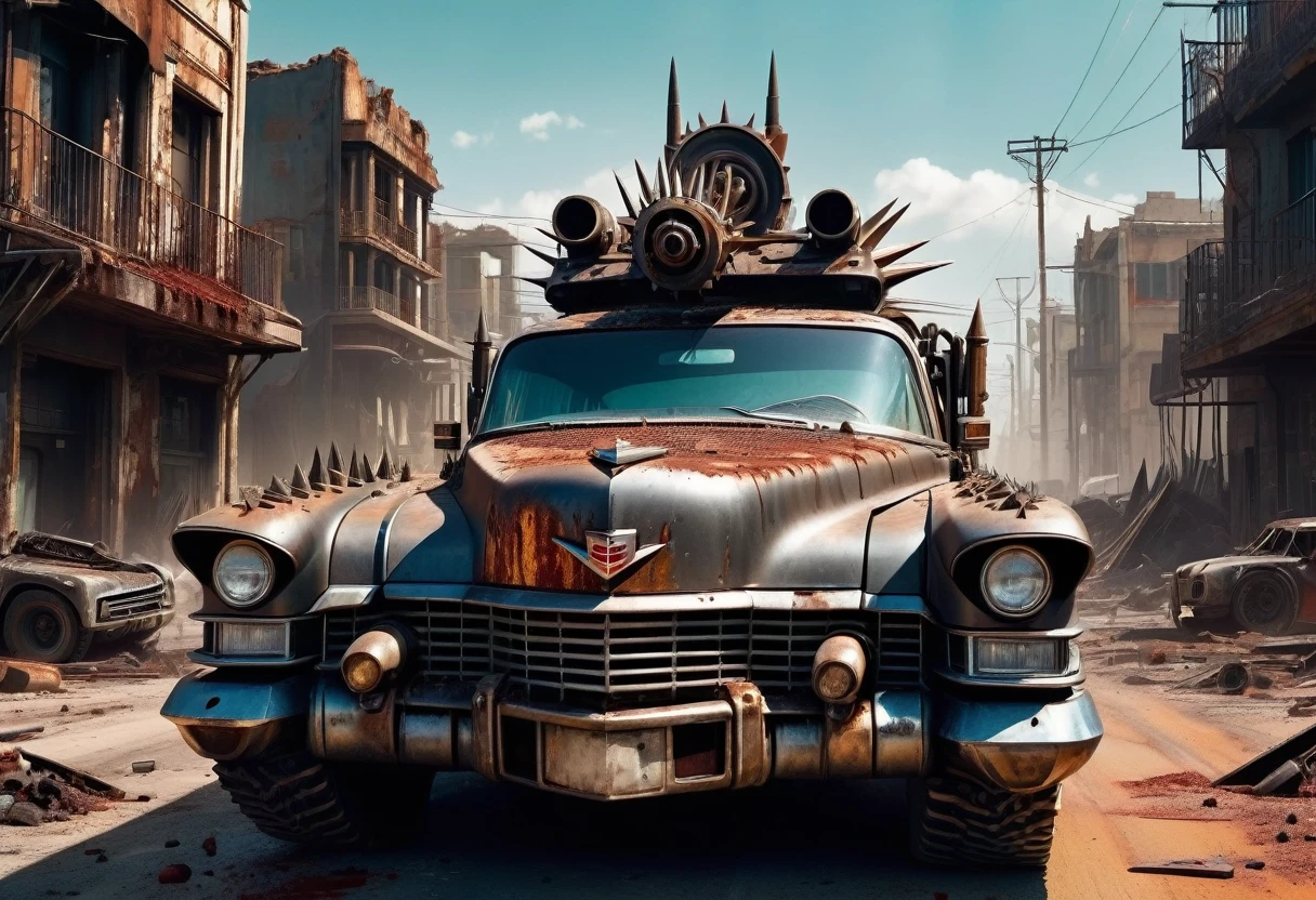 Create a diagonal and faithful image of a sad girl in torn clothes and dirty 18 year old madmax style with dark mirrored glasses leaning next to an old rusty and dirty 1955 Cadillac Eldorado with METAL spikes on the hood, Armored Vehicle, there are MANY SPOTS AROUND the car bodywork. WIDE AND THICK DIRTY WHEELS, turned wheels, front with a broken metal grille with several rusty spikes and blood-stained anti-zombie spikes; military style with modifications and protection with metal plates, war tank style, broken and dirty headlights, the car is passing on the street in the center of a modern and ultra futuristic post-apocalyptic city surrounded by tall, cylindrical buildings in ruins around the street, there is rubble fallen from buildings in the street, steampunk car, dramatic art, dieselpunk art style, apocalyptic road warrior vibe, surreal digital art, mad max inspired, heavy metallic artwork, chrome grille symmetry, arte steampunk digital, It's not the Mad Max style, metallic art, is not Filip Hodas; artwork style, steampunk digital art, dieselpunk, in a hightech world, photo on the diagonal