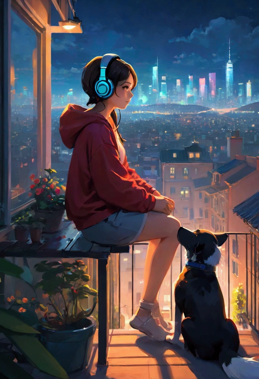 Girl sitting on balcony , Feel the view outside、look  , Focus on the night city  ,2D Game Art Styles ,Chinstill 50, Put headphones on your ears , Sing a song  , at night, Colorful animation skills, A dog is sitting next to a girl