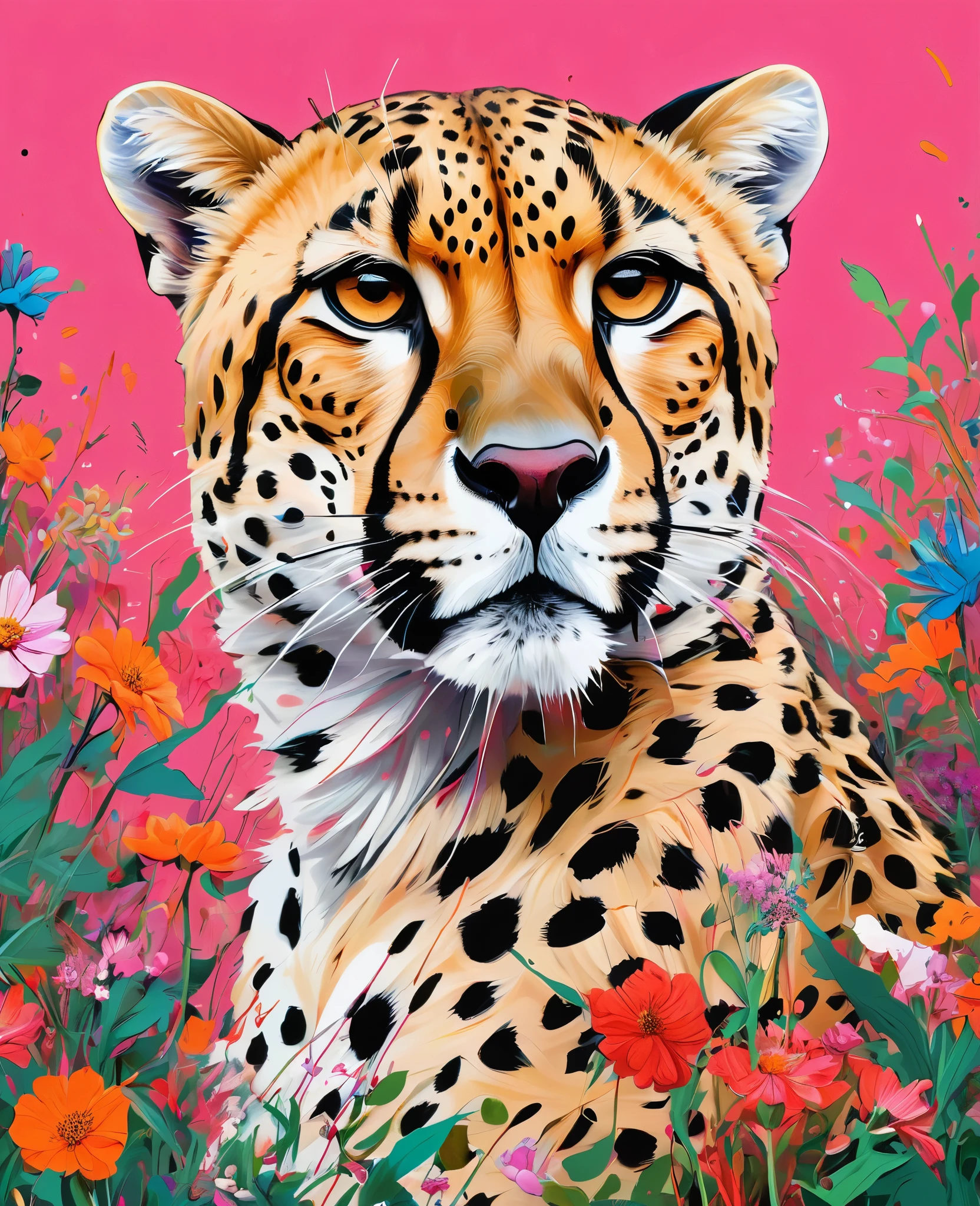 Graffiti, scribble, Comics by Petra Cortright, best quality, masterpiece, cheetah surrounded with flowers artwork, Representative work, official art, Professional, Ultra intricate detailed, 8k, cheetah art, multicoloured background