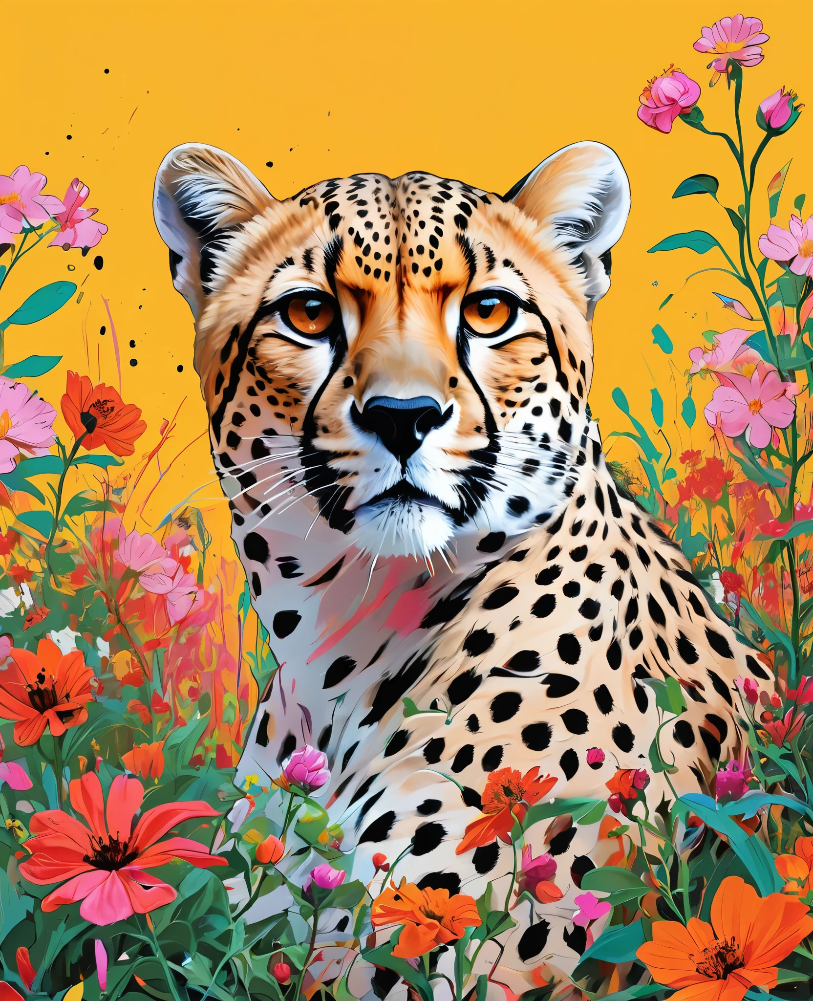 Graffiti, scribble, Comics by Petra Cortright, best quality, masterpiece, cheetah surrounded with flowers artwork, Representative work, official art, Professional, Ultra intricate detailed, 8k, cheetah art, multicoloured background