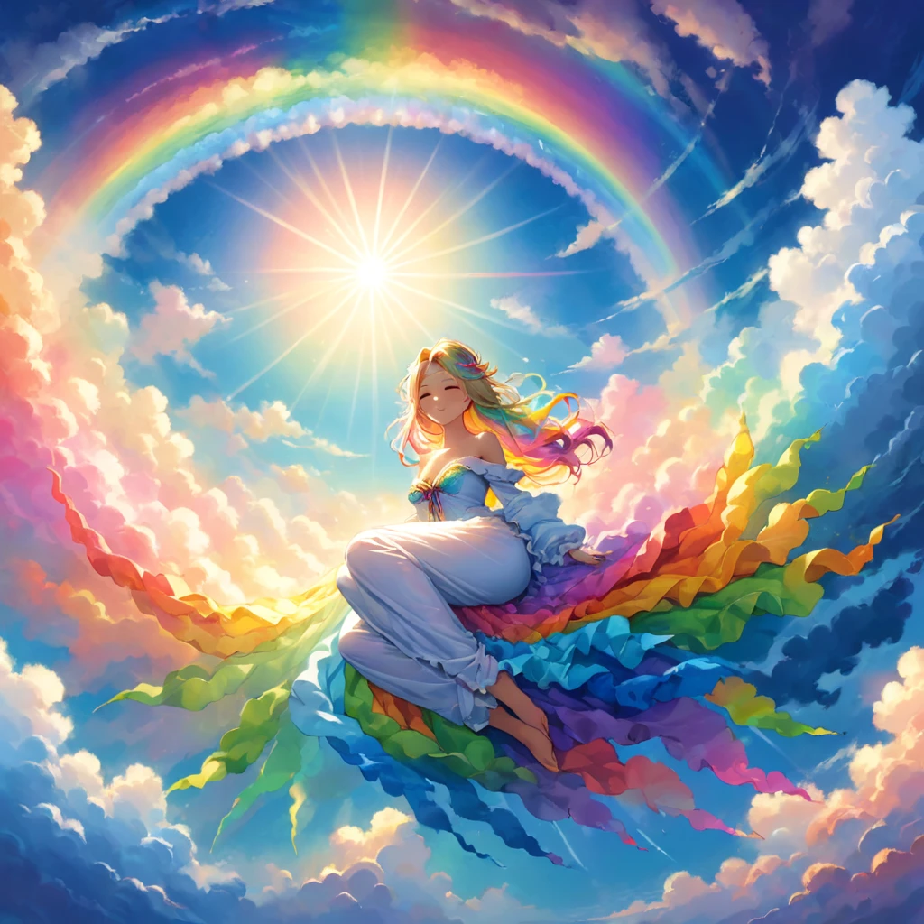 A stunningly ethereal woman, composed of a dazzling array of rainbow hues, reclines gracefully at the end of a radiant rainbow amidst the fluffy clouds in the sky. Bathed in dynamic and enchanting lighting, accentuates her vibrant, full-bodied form. Fantasy art. Masterpiece 