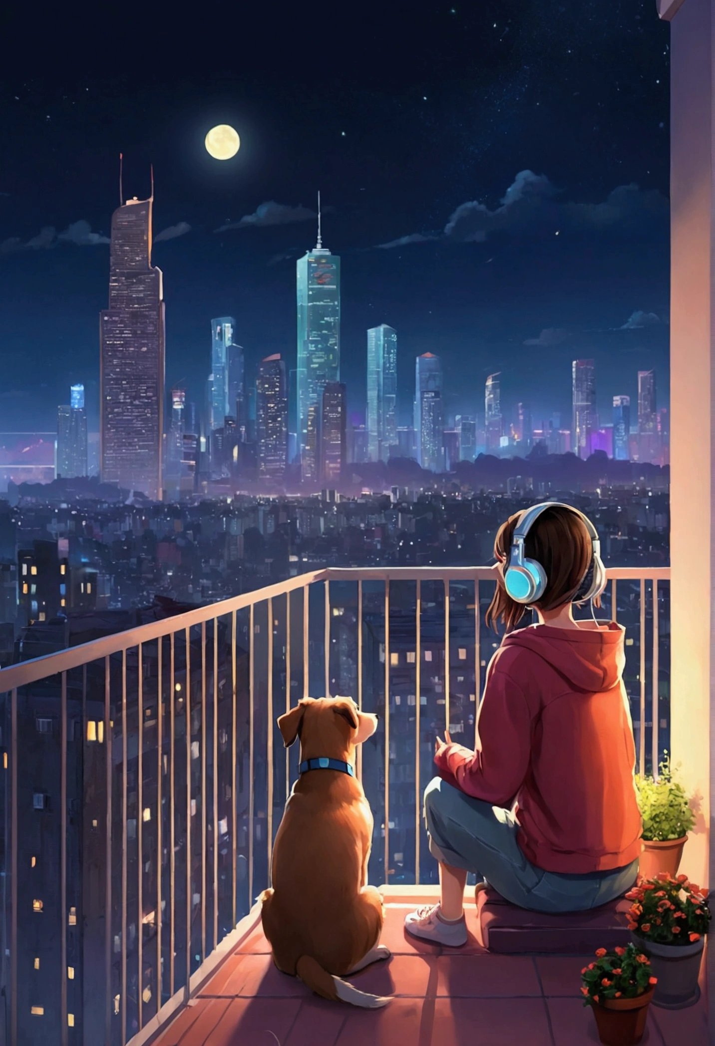 Girl sitting on balcony , Feel the view outside、look , Focus on the night city ,2D Game Art Styles ,Chinstill 50, Put headphones on your ears , Sing a song , at night, Colorful animation skills, A dog is sitting next to a girl