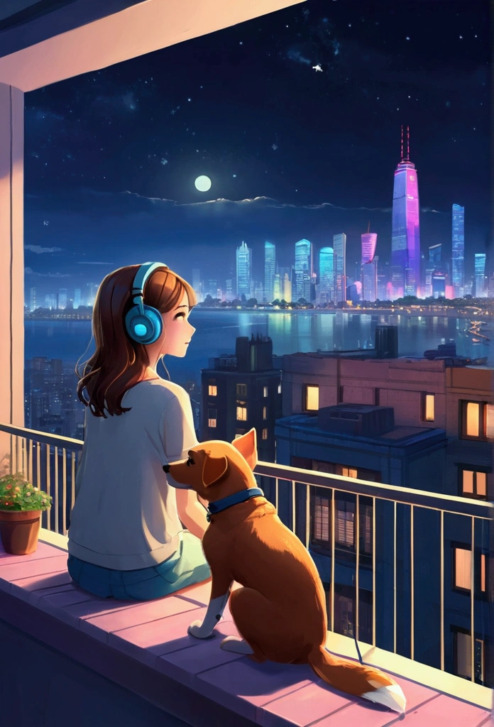 Girl sitting on balcony , Feel the view outside、look , Focus on the night city ,2D Game Art Styles ,Chinstill 50, Put headphones on your ears , Sing a song , at night, Colorful animation skills, A dog is sitting next to a girl
