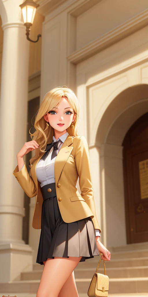 best quality, ultra-detailed, photorealistic: 1.39) masterpiece, best quality, stairs, museum entrance, long pleated skirt with jacket and blouse, lively blonde