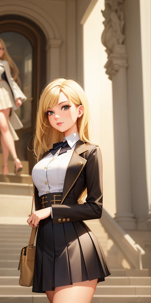 best quality, ultra-detailed, photorealistic: 1.39) masterpiece, best quality, stairs, museum entrance, long pleated skirt with jacket and blouse, lively blonde