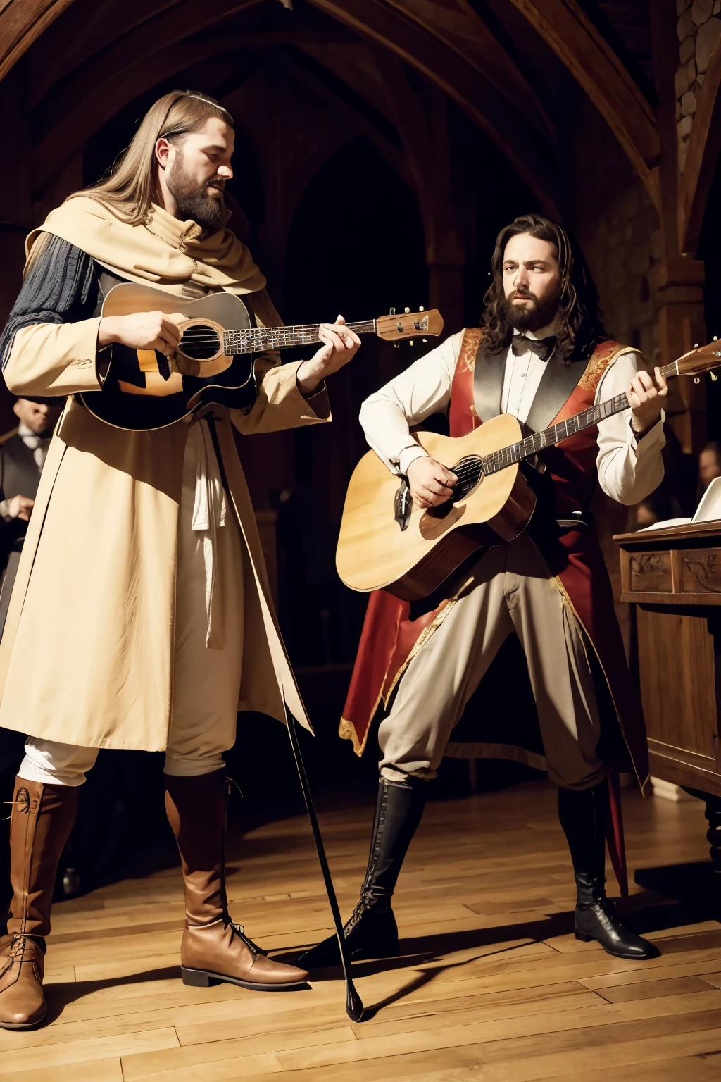 Medieval gentlemen fighting with musical notes and sound waves