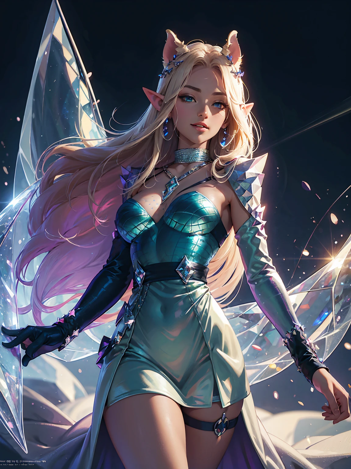 Detailed textures, high quality, high resolution, high accuracy, realism, color correction, correct lighting settings, harmonious composition. the cover of the art book "Harlequin dreamer" in an elf costume on a futuristic background, 1 girl, chest, golden hair, green dress, elf ears, mystical beauty, bow and arrow in hand, smile, parted lips, mystical eyes, jewelry, earrings, solo, neckline, curvaceous, looks at spectator, sexy dress, stands in a mystical forest, fantasy forest, night lights,at night, ef, Artoria custer (third ascension), Magic circle, Circle mantra, fantasy, white hell