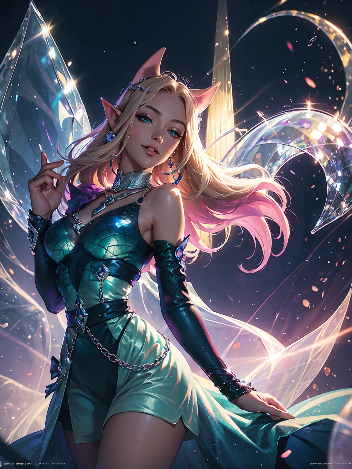 Detailed textures, high quality, high resolution, high accuracy, realism, color correction, correct lighting settings, harmonious composition. the cover of the art book "Harlequin dreamer" in an elf costume on a futuristic background, 1 girl, chest, golden hair, green dress, elf ears, mystical beauty, bow and arrow in hand, smile, parted lips, mystical eyes, jewelry, earrings, solo, neckline, curvaceous, looks at spectator, sexy dress, stands in a mystical forest, fantasy forest, night lights,at night, ef, Artoria custer (third ascension), Magic circle, Circle mantra, fantasy, white hell