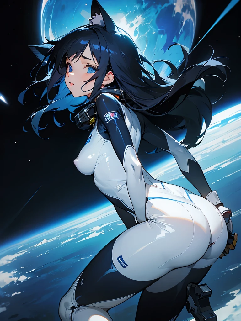 an anime girl with a very revealing and tight space suit that shows her nipples and the lips of her vagina, giving you her back slightly leaning forward but with her arms behind her, stretching her buttocks with her hands while she turns her neck to look at you with a cat cute dark-furred pet floating next to you in space while it rains. The girl has long black hair, and his eyes are a bright blue. The spacesuit is a metallic black color and has silver and blue details. The cat has bright blue eyes and appears to be looking into the distance, like he was exploring the cosmos together with the girl