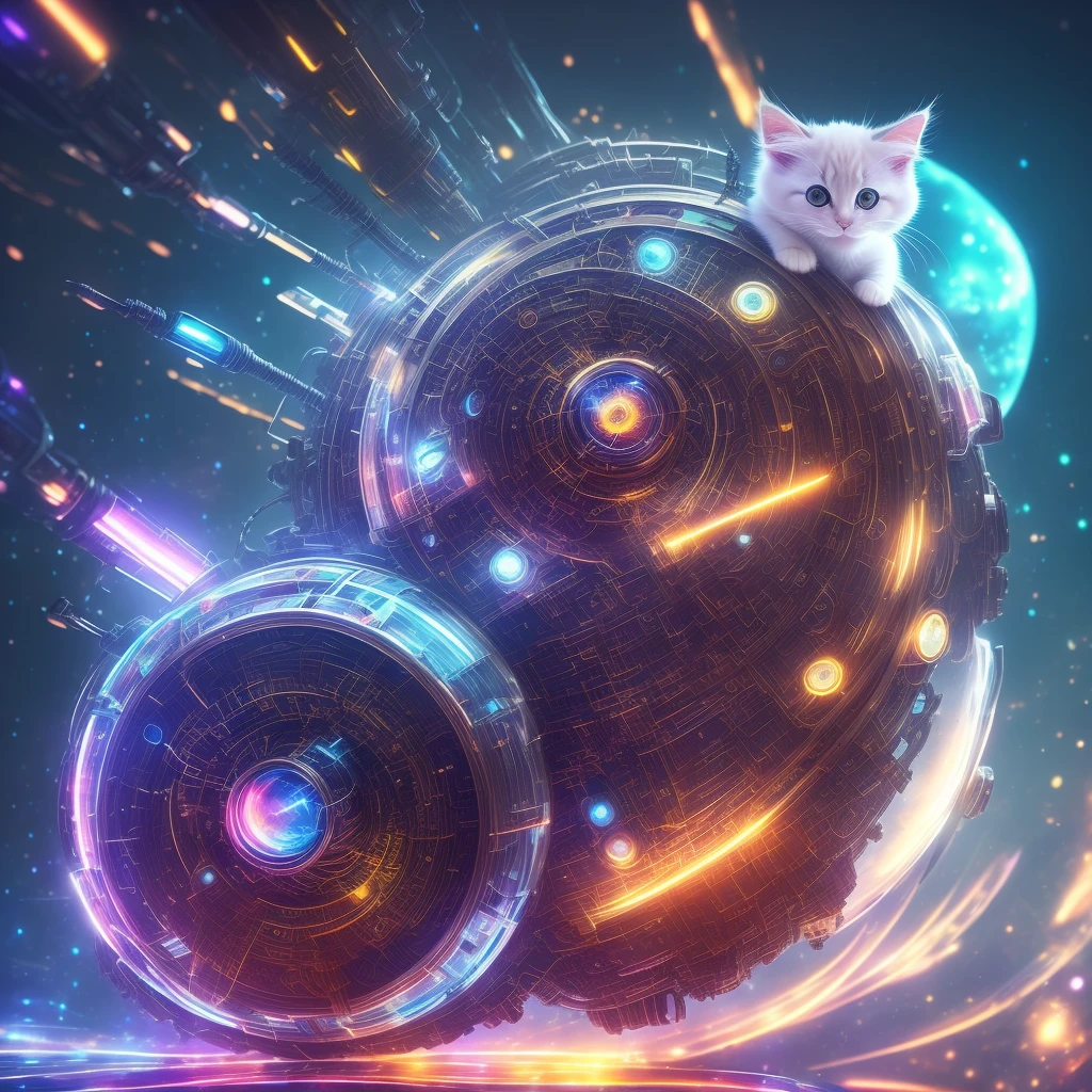 Cute fluffy kitten made of metal., robot, Cyberpunk style, Winding mechanism, ((complex part)), HDR, big eyes, ((complex part, super detail)), vacuum tube or tube, Cinema lens, vignette, Background with bokeh effect