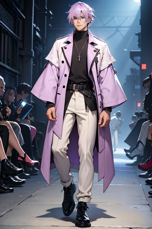 adult man, very light lilac hair in layered cut, with modern alternative clothing full body, mature man