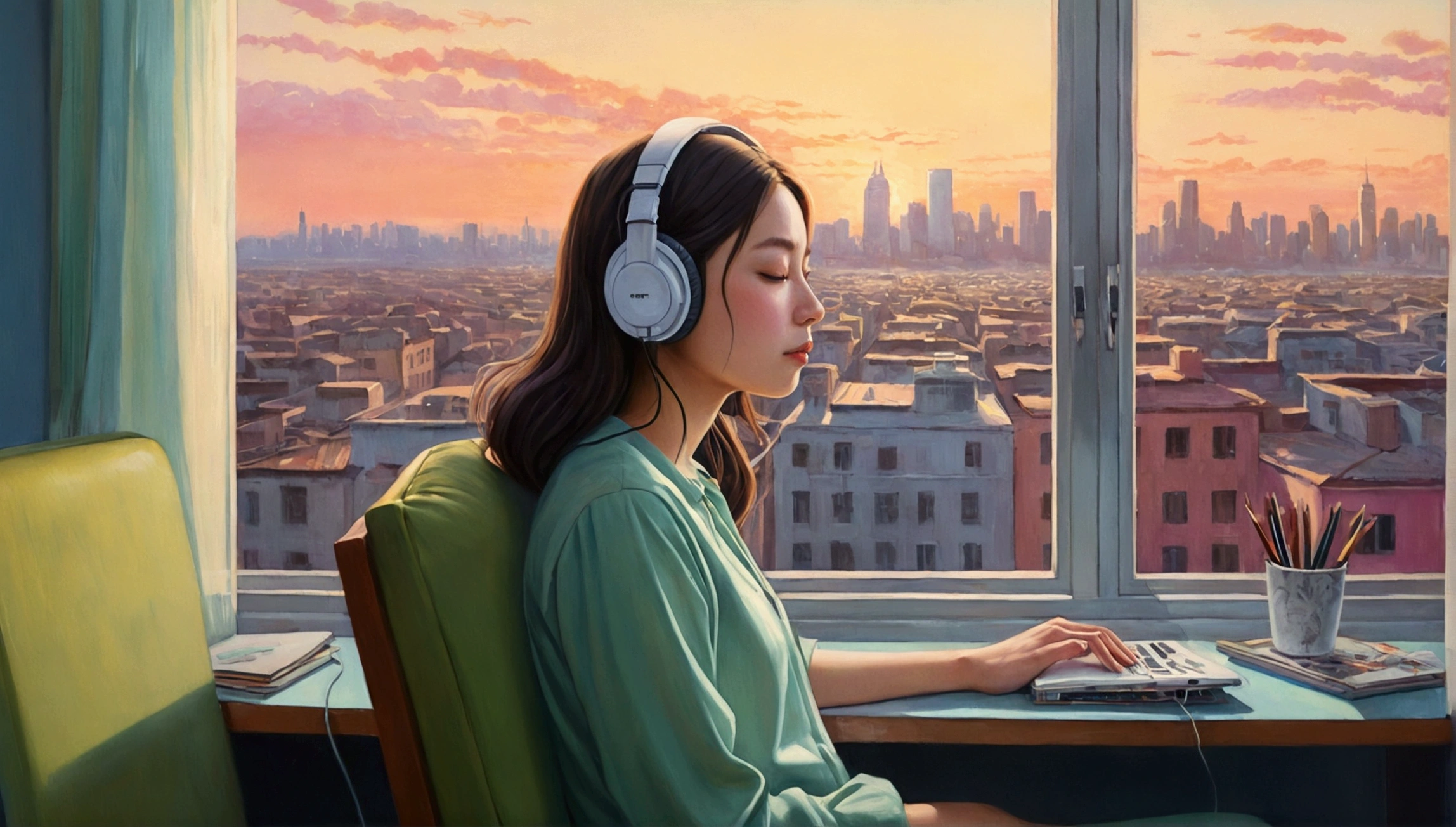 Portrait、512、Lo-Fi、Girl sitting on a chair wearing headphones、Take a nap at your desk、close your eyes、city view outside the window、evening、pastel colour、Painting