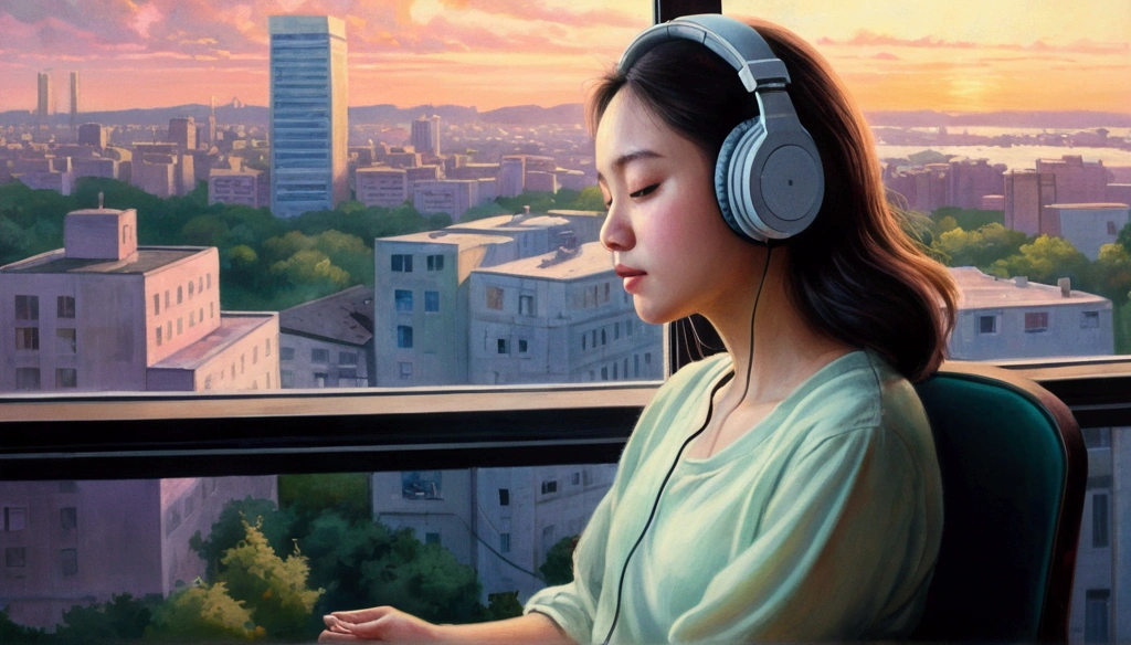 Portrait、512、Lo-Fi、Girl sitting on a chair wearing headphones、Take a nap at your desk、close your eyes、city view outside the window、evening、pastel colour、Painting