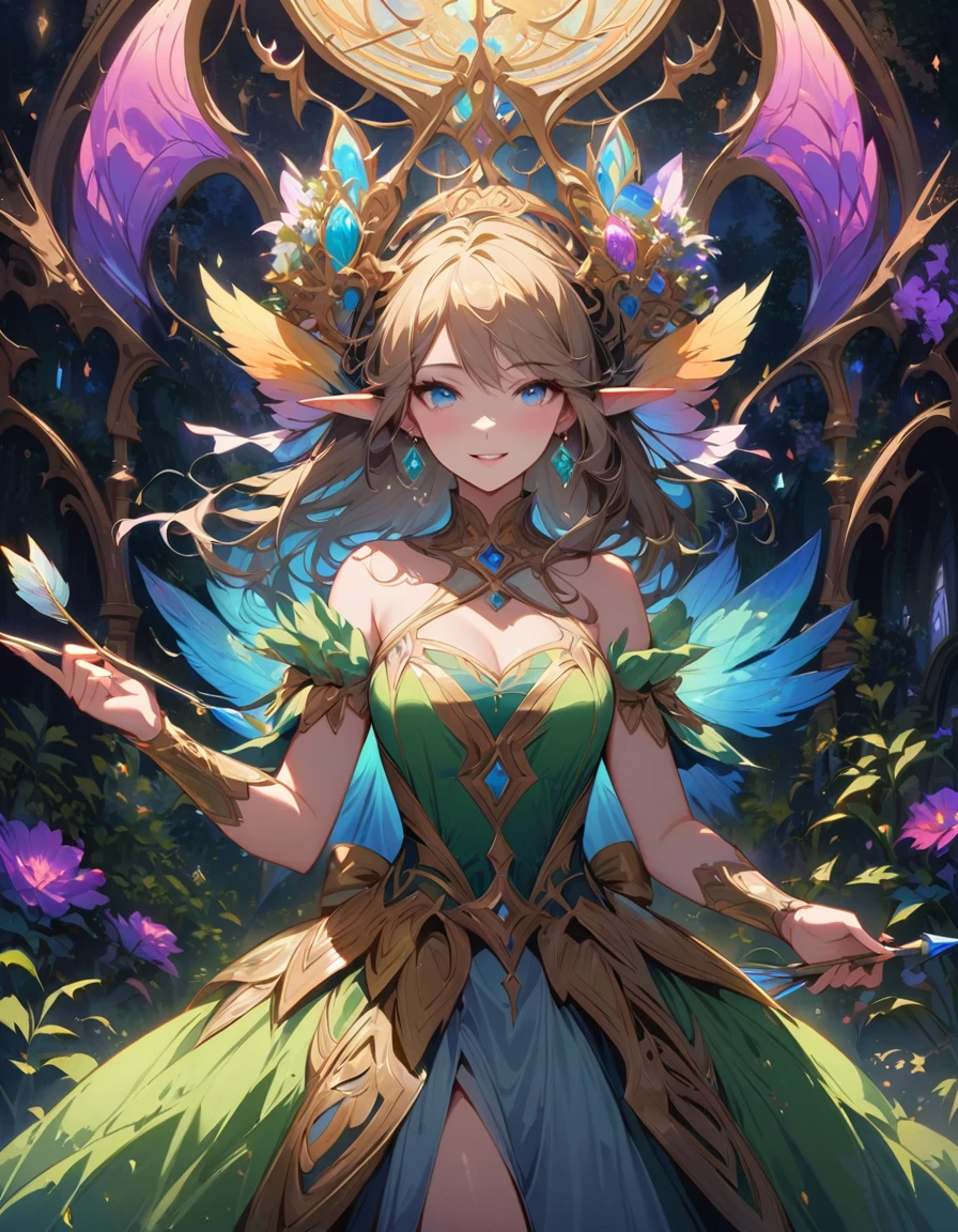 Detailed textures, high quality, high resolution, high accuracy, realism, color correction, correct lighting settings, harmonious composition. the cover of the art book "Harlequin dreamer" in an elf costume on a futuristic background, 1 girl, chest, golden hair, green dress, elf ears, mystical beauty, bow and arrow in hand, smile, parted lips, mystical eyes, jewelry, earrings, solo, neckline, curvaceous, looks at spectator, sexy dress, stands in a mystical forest, fantasy forest, night lights,at night, ef, Artoria custer (third ascension), Magic circle, Circle mantra, fantasy, white hell