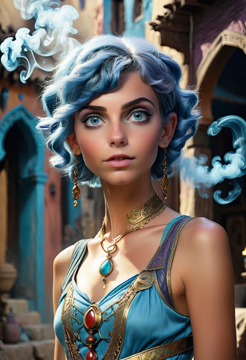 realistic, analog photo, Masterpiece, RAW photo, middle shot, photorealistic, (detailed cute face), genie, (folkloric Arabic creature), (in "Aladdin" style), (cute female, looks like Rachel Cook), short blue hair, blue skin, detailed Arabic village on background, (ghost blue smoke body), smoke particles, halo, (bioluminescent:0.95), vivid colors, vibrant color details, dynamic, Intensed eyes, sexy, pleasure, smoke splash, wishmaster, depth of field, 35mm, film grain, raw photo, isometric, extremely detailed