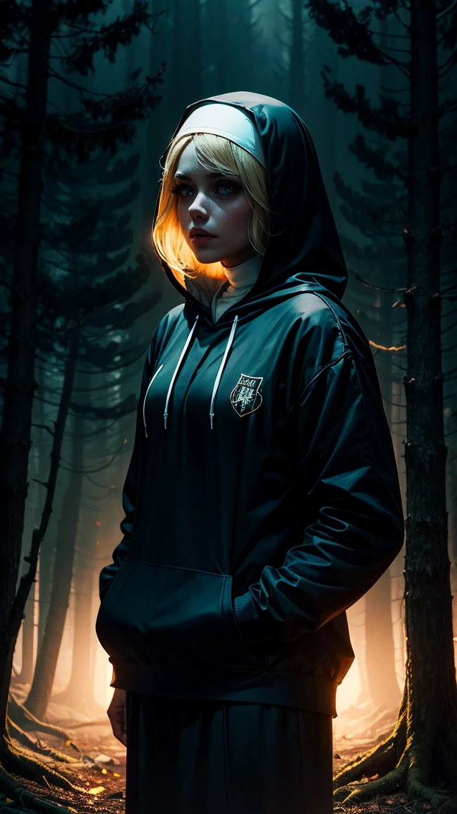 vivid, adult high contrast horror hoodie 50s blonde nun on white forest background under a dramatic, bold lighting
