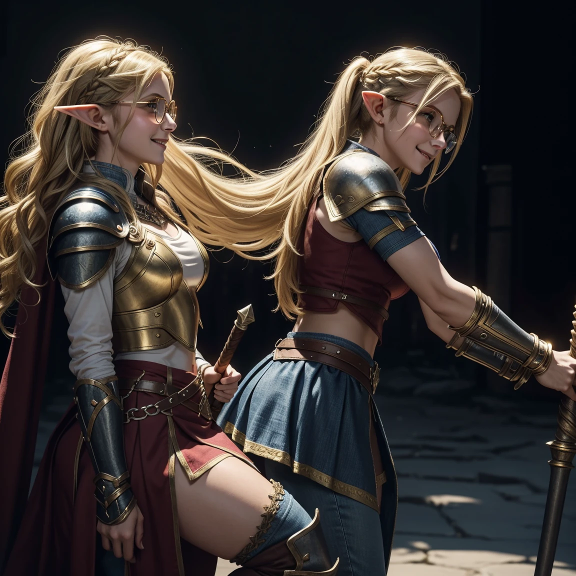 ((Five RPG adventurers)), 1.human male warrior, 1.Mythical male dwarf wearing heavy armor, 1.Mythical elf female blonde wearing jeans ( tight jeans ), jeans azur,1.Mythical pixie female blonde wearing a mini flared skirt and top with a flared shirt made of cutout lace material 1.A dwarf boy wearing a red tricorn hat, golden details, Long Bracelet, red belt, Golden Bangles, well-shaped thighs, ((Based on a smile, Confident expression, proud look, Create a simple face)), look at the camera, clear eyes, long braided blonde hair, exposed elf ears, exposed elf ears, It has transparent wings on its back., He has a small transparent baton in his hand., sob os cabelos, sports body, well-defined muscle structure, fearless woman, Position of greatness, whole body perspective, Side view of the main unit, High-definition 40K images, long blonde hair in pony tail, puzzled face, sweat, glowing blue eyes, full body shot, attractive smile, (heart shape), perfect slim body, wearing a chain tabard, blue armored skirt, metal armored boots, circular glasses, visible arms, gauntlets with ice on them, carrying a large magical staff, holding map in one hand