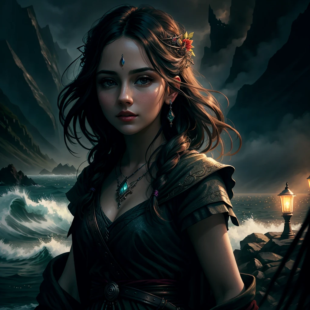 a beautiful detailed woman, extremely detailed eyes, beautiful detailed lips, detailed face, longeyelashes, realistic, photorealistic, masterpiece, ultra-detailed, 8k, high quality, cinematic lighting, dramatic lighting, chiaroscuro lighting, dramatic colors, vibrant colors, fantasy, dark fantasy, mist, cliff, ocean, mysterious, moody, atmospheric, alloldrpgarts1 RpgRiftingInThe90s