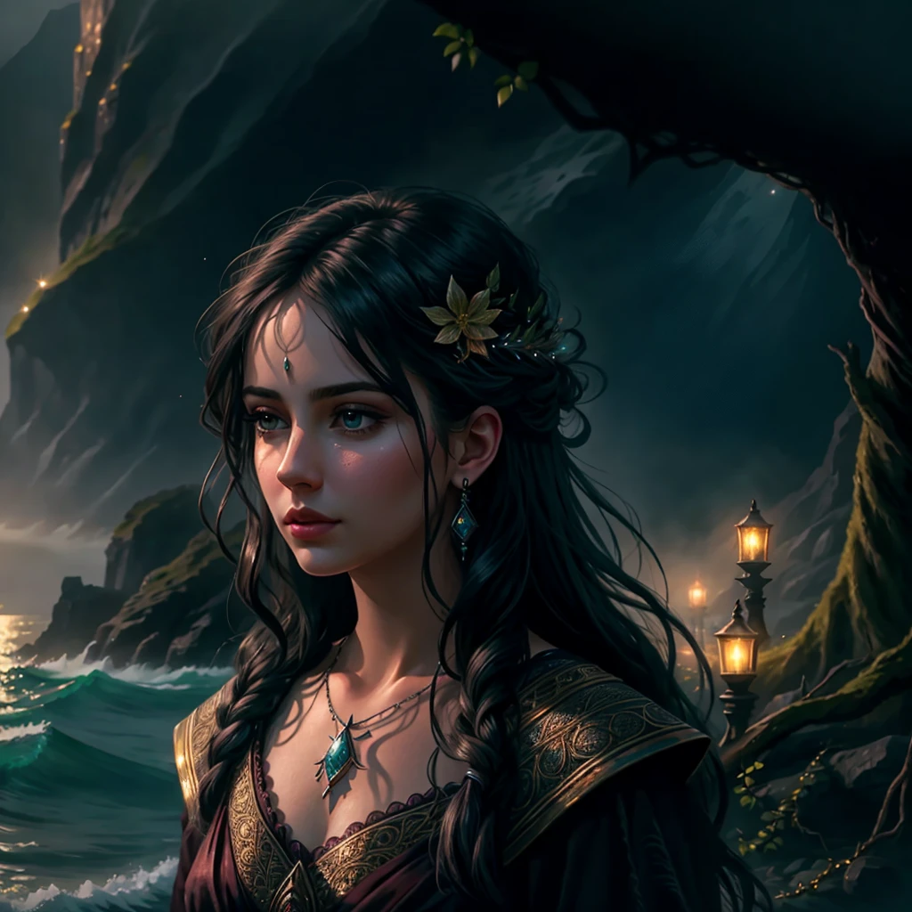 a beautiful detailed woman, extremely detailed eyes, beautiful detailed lips, detailed face, longeyelashes, realistic, photorealistic, masterpiece, ultra-detailed, 8k, high quality, cinematic lighting, dramatic lighting, chiaroscuro lighting, dramatic colors, vibrant colors, fantasy, dark fantasy, mist, cliff, ocean, mysterious, moody, atmospheric, alloldrpgarts1 RpgRiftingInThe90s