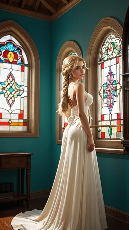 landscape, Best Quality, super fine, 16k, incredibly absurd, extremely detailed, blonde beauty, loving and lascivious expression, half up with braided hair, sexy and elegant long dress that shows your breasts from the side, superlative body proportion, BREAK , Lovely stained glass room background made of brightly colored finely crushed gemstones
