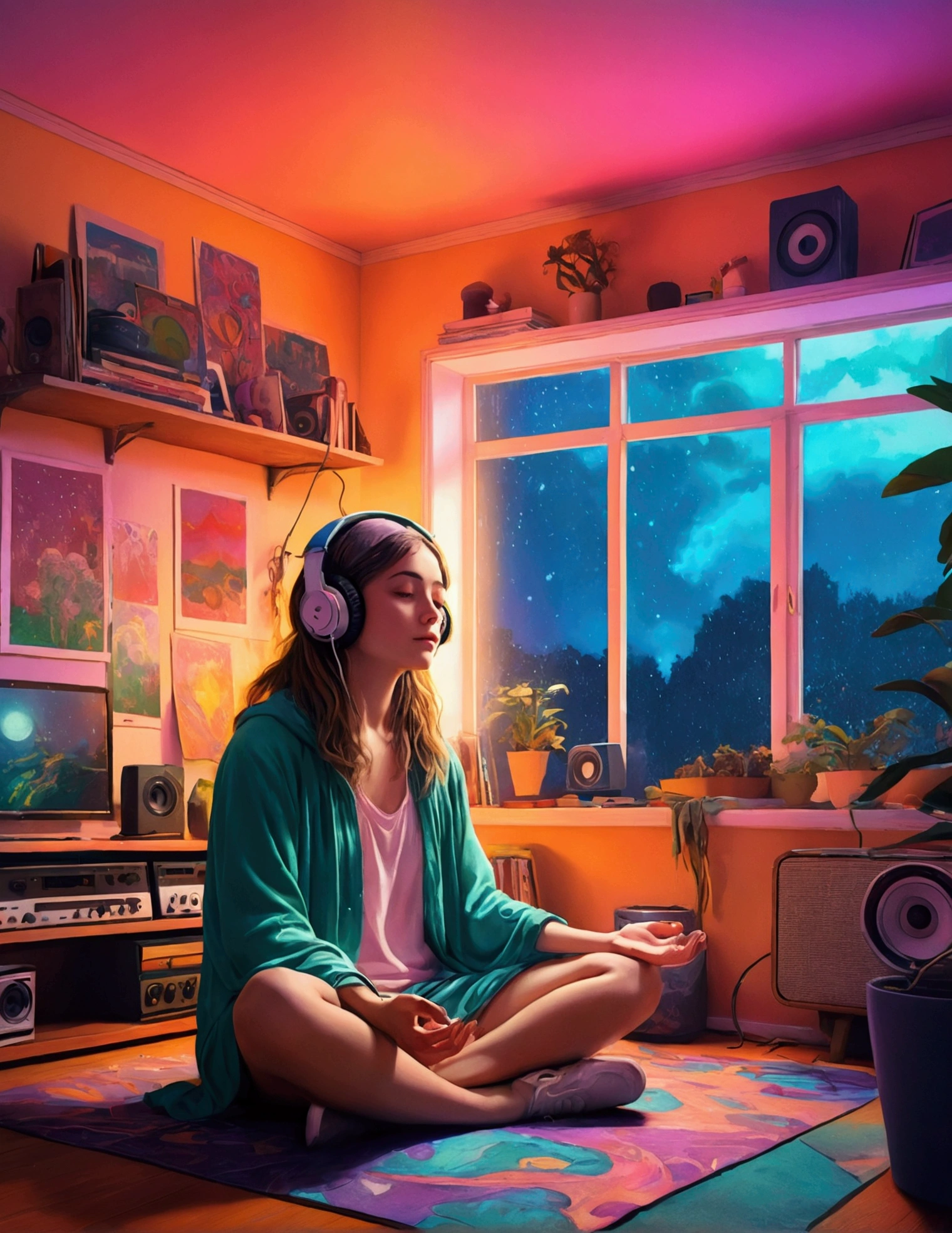 European hippie girl meditating in her room, dream, Wear headphones, night lighting, Neon scenery on a rainy day, Analog Color Theme, Lo-fi hip hop , review, flat, 2.5D ,Draw a line, Ink painting, Large slope, Watercolor, Goosh Colors, Studio Ghibli Style, Great colorful, Outerton, Krautlock, Lofi Art, 70s style,Old Texture, amplitude,Psychedelic atmosphere, masterpiece, Great technology,