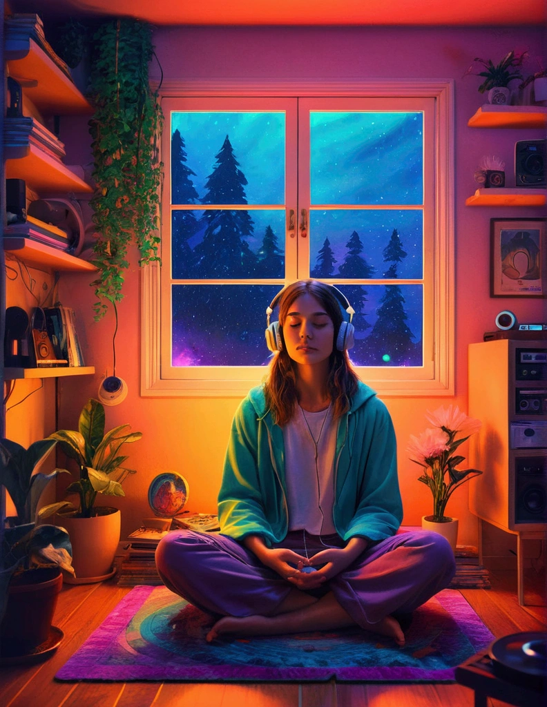 European hippie girl meditating in her room, dream, Wear headphones, night lighting, Neon scenery on a rainy day, Analog Color Theme, Lo-fi hip hop , review, flat, 2.5D ,Draw a line, Ink painting, Large slope, Watercolor, Goosh Colors, Studio Ghibli Style, Great colorful, Outerton, Krautlock, Lofi Art,  70s style,Old Texture, amplitude,Psychedelic atmosphere, masterpiece, Great technology,