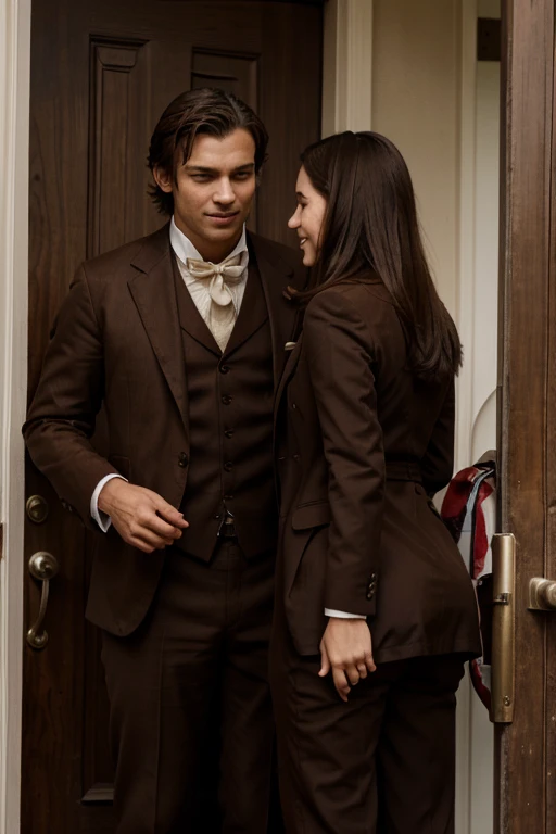 Setting 1850 United States, a young man in a brown suit is greeted by his sister at the door of the house
