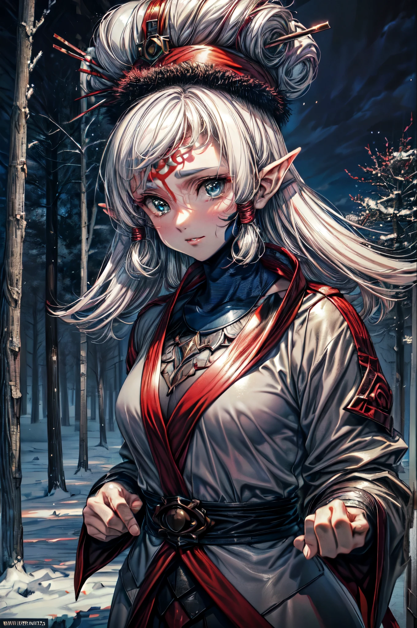 (masterpiece:1.1), (best quality:1.1), 1girl, Real light and shadow, anime face, 4k, 8k, wallpaper,epic, detail texture, Paya, elf ears, pointy ears, White hair, Dark skin, tanned skin, (blue eyes:1.5), ((((white hair:1.35, long hair)))),intricate eyes,beautiful detailed eyes, (symmetrical eyes,big eyes:1.5,(((lustrous skin:1.5,bright skin: 1.5,skin tanned,shiny skin,very shiny skin,shiny body,plastic glitter skin,exaggerated shiny skin,illuminated skin))),(detailed body,(detailed face)), cute, erotic,daring, (((medieval man armor, fur hat, adventurer man armor,winter coat))),(((intricate outfit,intricate clothes, embroidered outfit,ornate outfit,embroidered clothes,ornate clothing))), (dynamic pose:1.0),happy,smile,(centered,scale to fit dimensions,Rule of thirds), ((snowy pine forest at night)), with dark stormy clouds,winter,scenery:1.25,((snow forest background)),Christmas tree, highres,sharp focus,(ultra detailed,extremely detailed),(photorealistic artwork:1.37),(extremely detailed CG unity 8k wallpaper),(((vibrant colors,vibrant theme))),(intricate),(masterpiece),(best quality),
