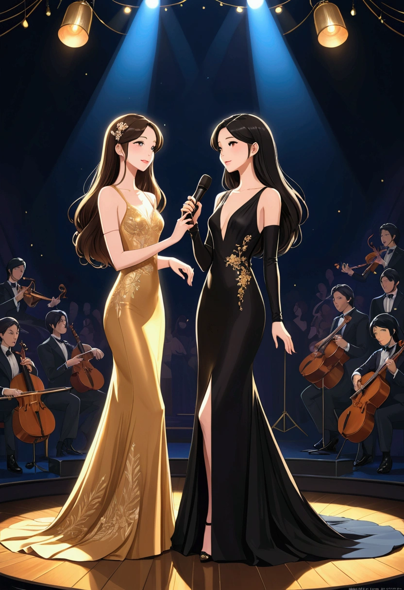 TWO beautiful women in Anime Illustration style, deeply in love. One with long, straight brown hair, delicate British features, dressed in a beautiful, long, elegant, tight, floor-length black dress, and the other is Asian, with long, straight black hair, dressed in a tight, elegant, floor-length gold dress. They are on a stage singing together. They are radiant and happy. illustration, 3d render, photography, realistic, anime, photography. , poster, fashion, portrait photography