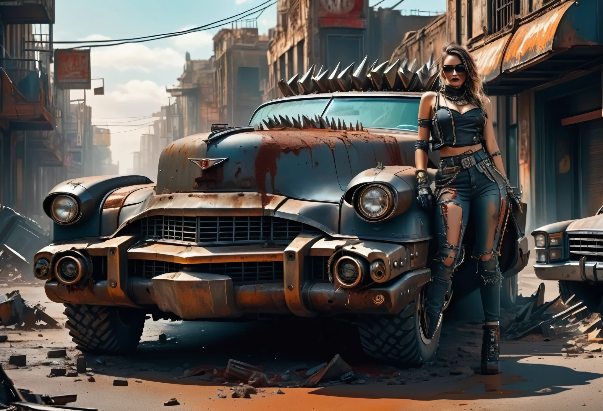 Create a diagonal and faithful image of a sad girl in torn clothes and dirty 18 year old madmax style with dark mirrored glasses leaning next to an old rusty and dirty 1955 Cadillac Eldorado with METAL spikes on the hood, Armored Vehicle, there are MANY SPOTS AROUND the car bodywork. WIDE AND THICK DIRTY WHEELS, turned wheels, front with a broken metal grille with several rusty spikes and blood-stained anti-zombie spikes; military style with modifications and protection with metal plates, war tank style, broken and dirty headlights, the car is passing on the street in the center of a modern and ultra futuristic post-apocalyptic city surrounded by tall, cylindrical buildings in ruins around the street, there is rubble fallen from buildings in the street, steampunk car, dramatic art, dieselpunk art style, apocalyptic road warrior vibe, surreal digital art, mad max inspired, heavy metallic artwork, chrome grille symmetry, arte steampunk digital, It&#39;s not the Mad Max style, metallic art, is not Filip Hodas; artwork style, steampunk digital art, dieselpunk, in a hightech world, photo on the diagonal, high qualiy, 8k, extremely detaild, as realistic as possible.