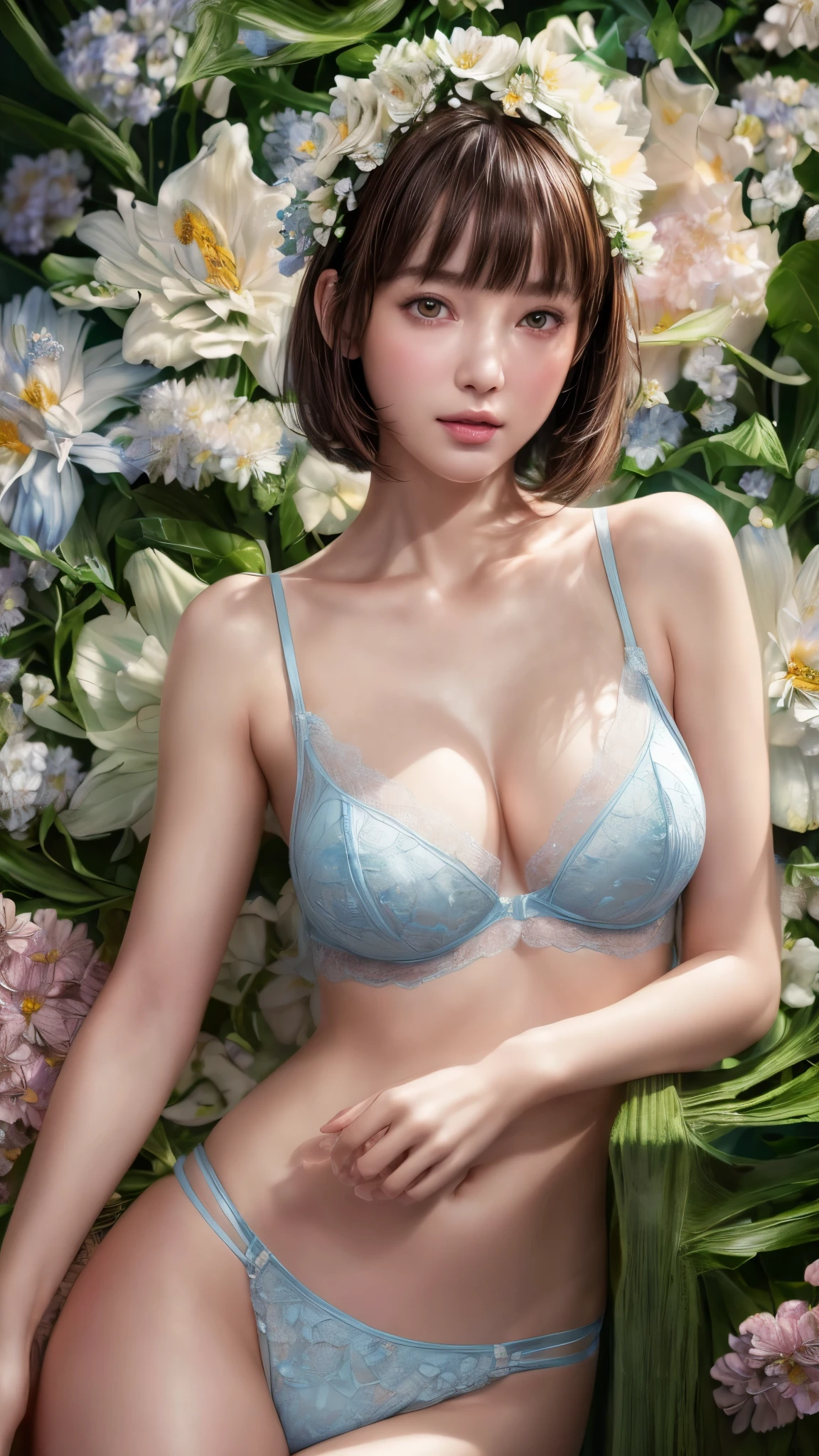 Nipples, ((Light Blue Lingerie))、(((masterpiece, Highest quality)), 1 girl, (Realistic: 1.4), alone, White color background, Dark brown hair, ((blunt bangs))、hime_cut、Short Hair,smile、 ((whole body)),  Very beautiful woman、Slender women、(Detailed face)、Realistic Skin、((Delicate photo))，(Girl Masterpiece RAW Photo Details:1.25), (Highest quality:1.6), (Ultra-high resolution:1.5), (Realistic:1.75),8k resolution, ,50mm,Absurd, Ultra-detailed,Cinema Lighting、(((Lots of flowers)))、(((Flower Art)))、Artwork、
