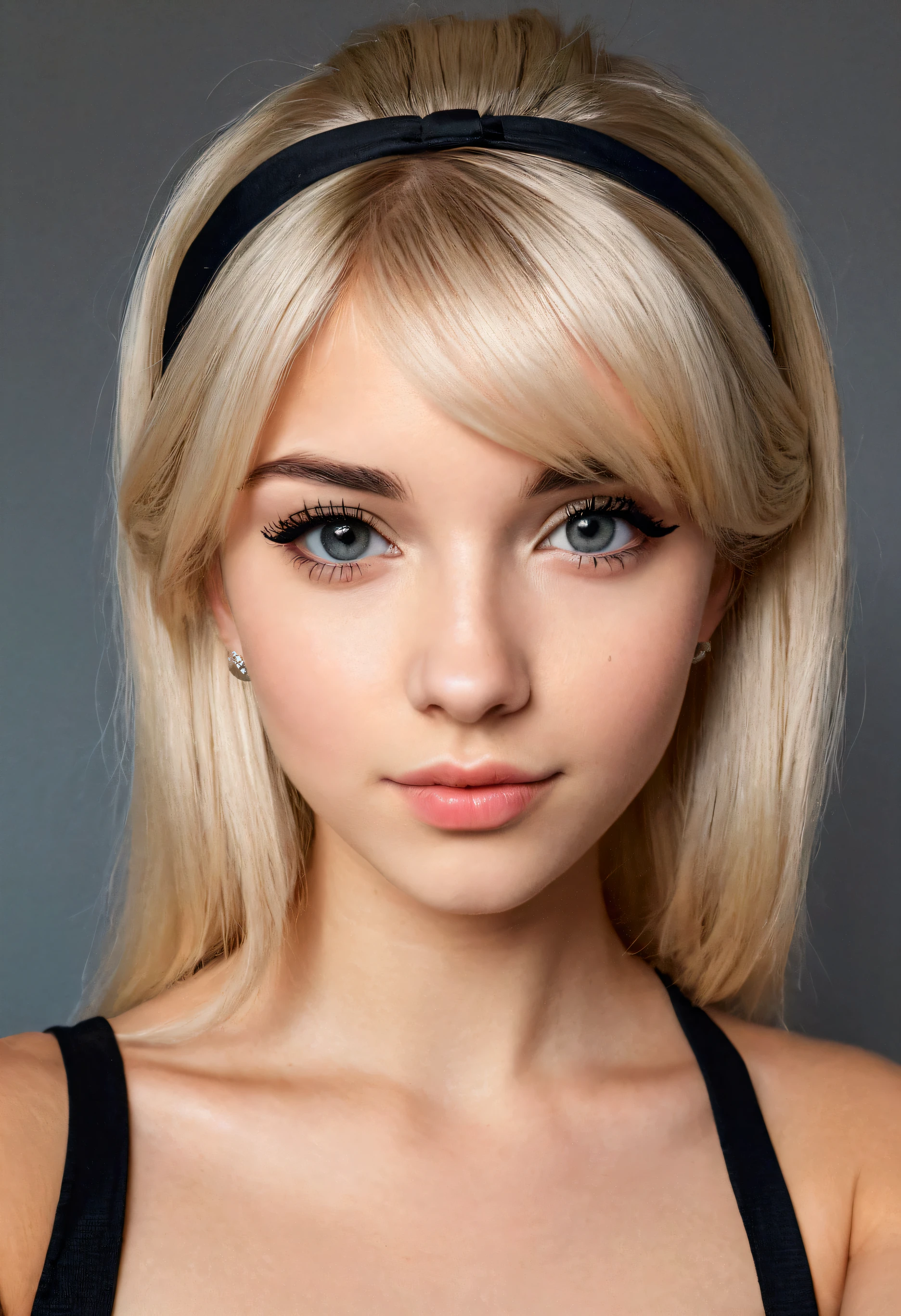 selfie of a 19 year old girl. She has intensive barbie makeup, grey sexy eyes, black eyeliner, small perfect nose, teenage face, plump natural textured lips, straight Platinium blond hair, bright blond, bangs, elegant hairstyle, black hair band. No background, natural light, ultrarealistic, textured skin, photo from shoulders to the top of head, bare shoulders, passport like, looking into camera, straight pose, no smile.