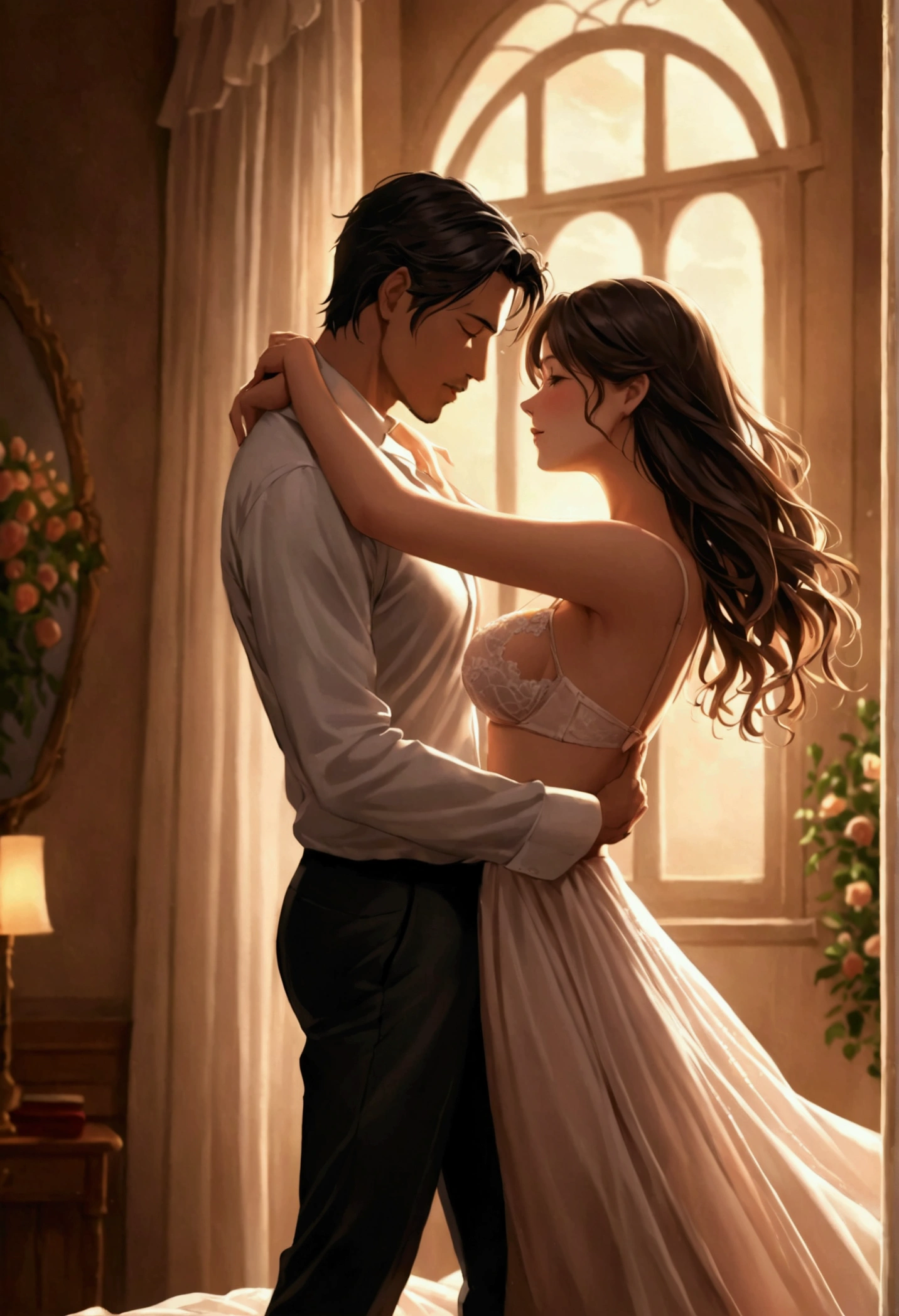 Hot scene of a couple , she is wearing a waltz and a bra while he is taking off his shirt
