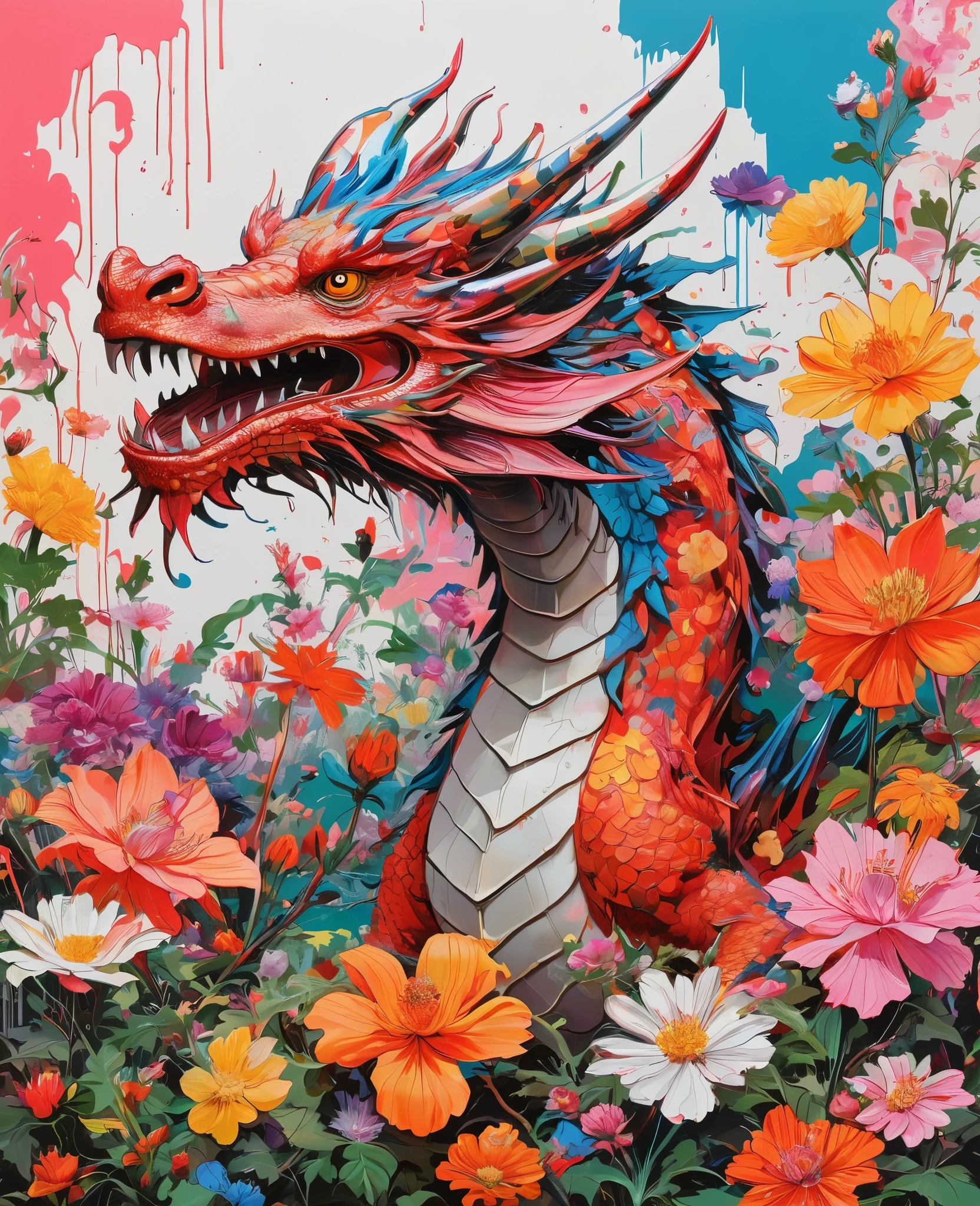 Graffiti, scribble, Comics by Petra Cortright, best quality, masterpiece, dragon surrounded with flowers artwork, Representative work, official art, Professional, Ultra intricate detailed, 8k, dragon art, multicoloured background