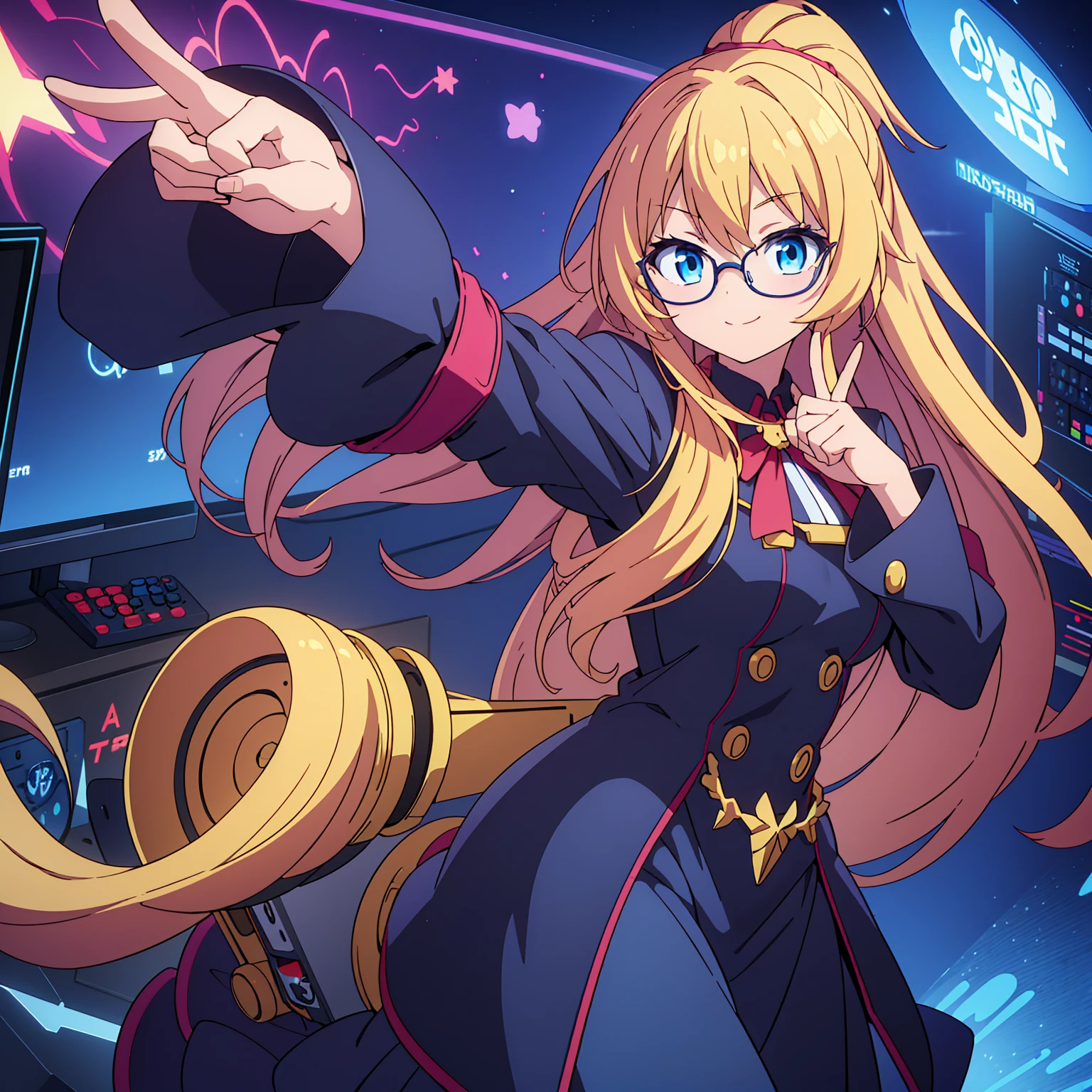 Young anime girl, long blonde hair, blue eyes, nerd, round glasses, witch outfit, Very happy, One hand on top of head making gesture, Peace, V, hand with 5 fingers posters, computer, gaming PC, video game controller, Mech Robot Toy