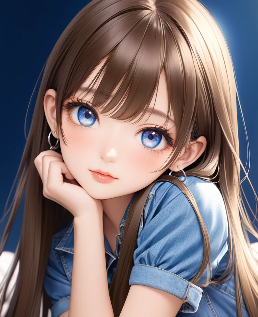 Unparalleled beauty, Shiny、Tightened、Glowing Skin, Bangs between the eyes, Shiny真っ直ぐな美しいプラチナブロンド, Super long straight silky hair, eyeliner, Sexy, beautiful and pure 14 year old, High resolution big beautiful bright blue eyes, beautiful and adorable girl, Baby Face, denim shirt with short sleeves, long brown straight hair with anime girl bangs, very big large silver hoop earrings. a little bit cartoony